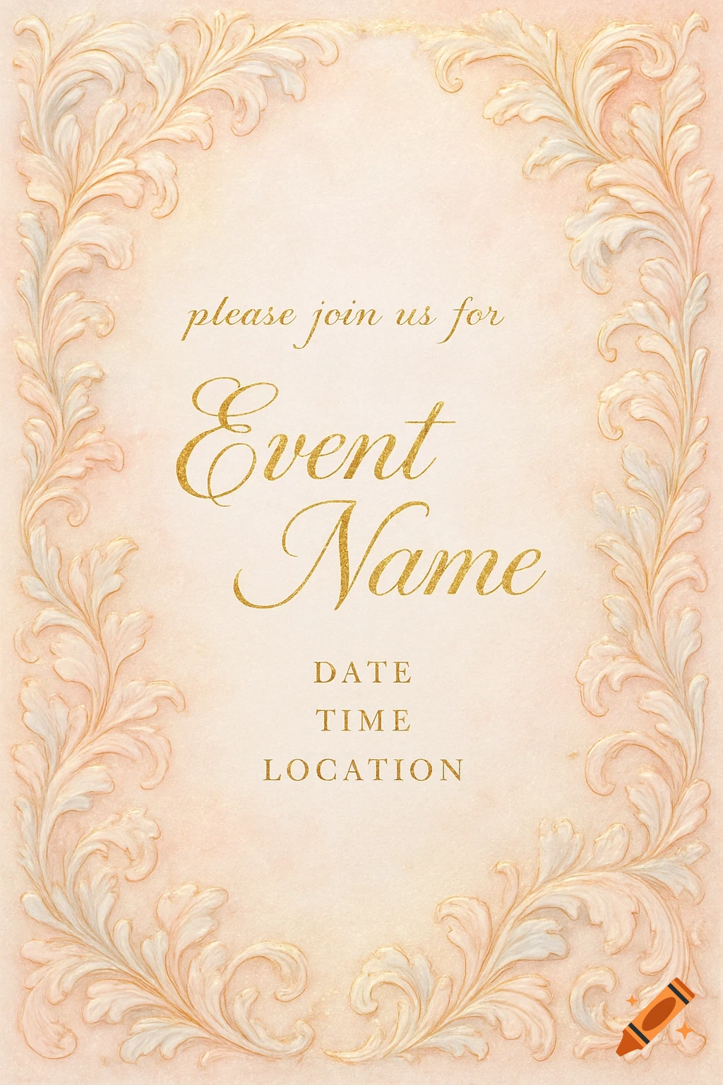Ornate vintage invitation card template with gold text placeholders and decorative floral borders on a light pink background.