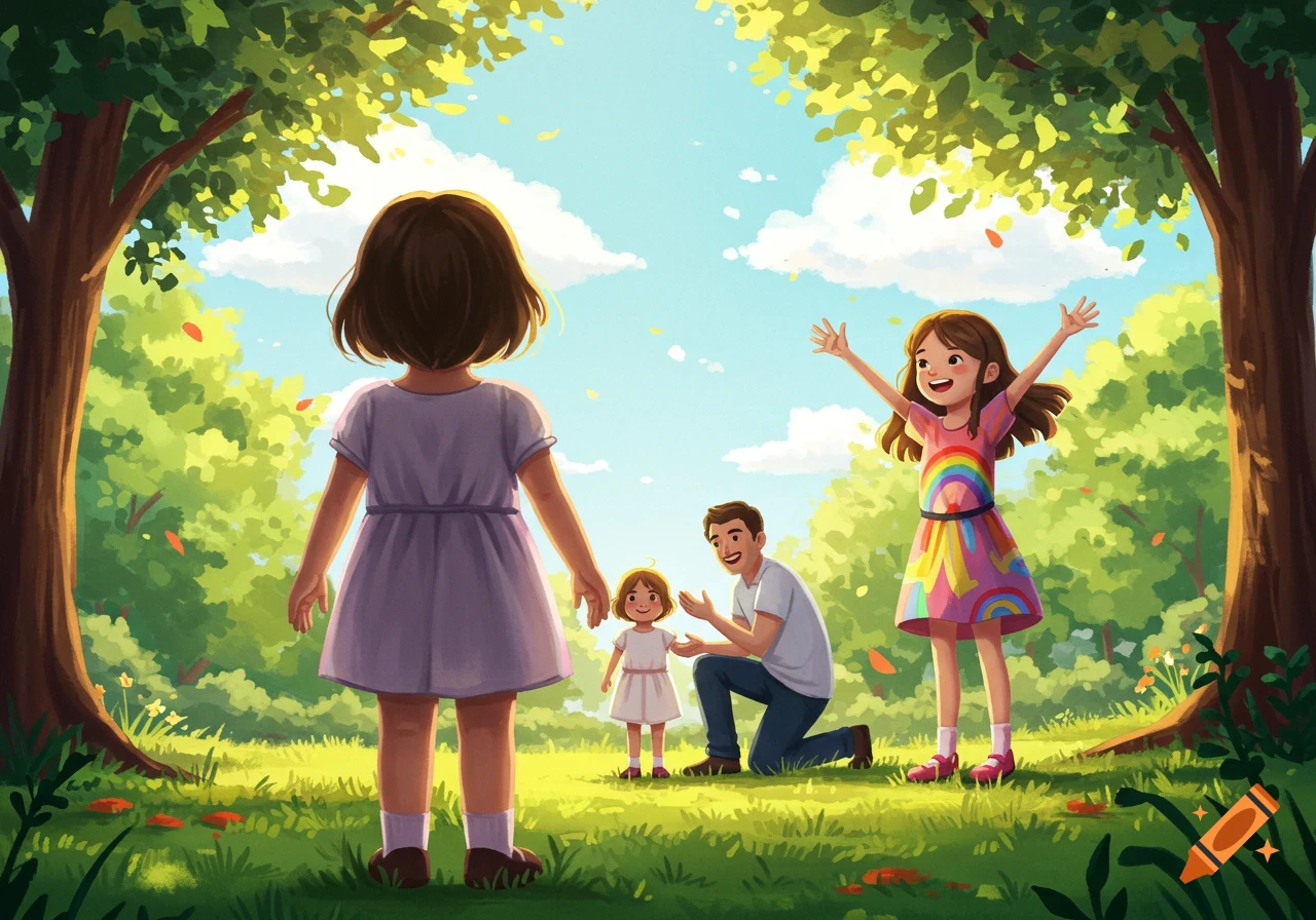 A cartoon illustration of a family in a sunny park: a father kneeling with a small girl, an older girl with open arms, and a girl with her back to the viewer.