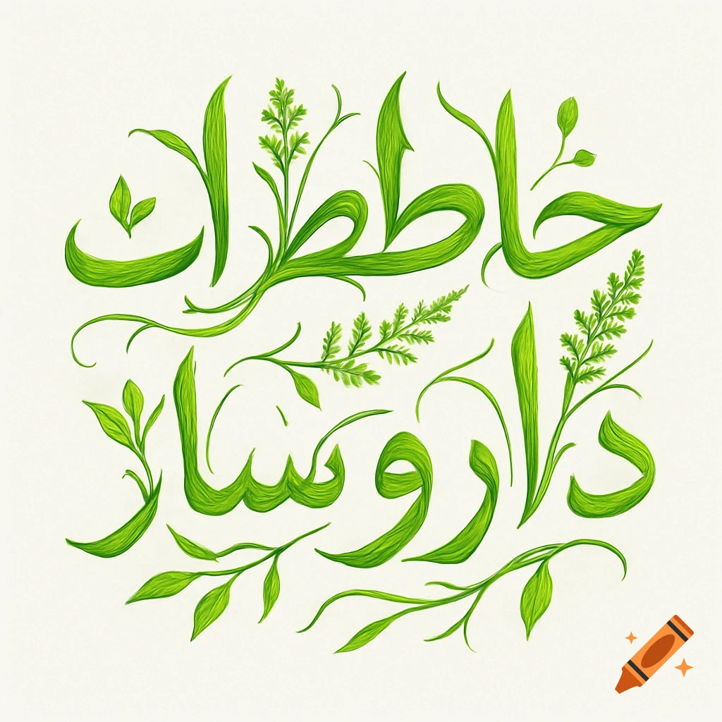Green Arabic calligraphy forming the words 'Memories of a Pharmacist', stylized with leaves and vines on a white background.