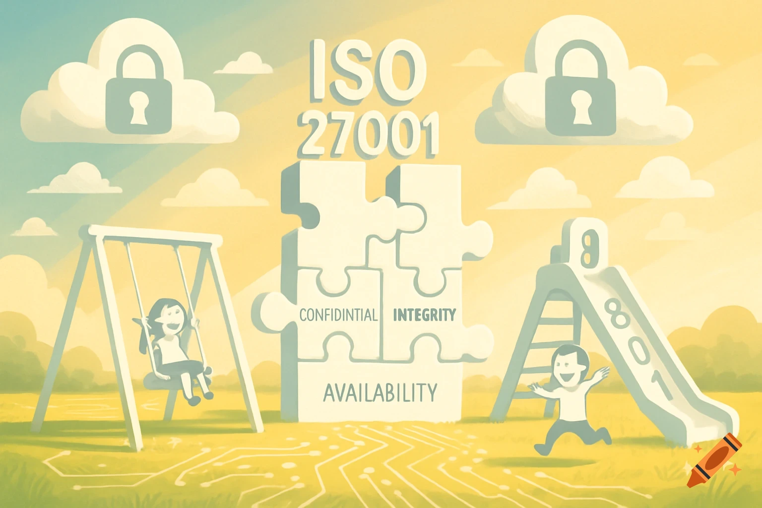 Cartoon illustration of ISO 27001 as a playground with children, puzzle pieces labeled 'Confidential', 'Integrity', 'Availability', and cloud-shaped locks.