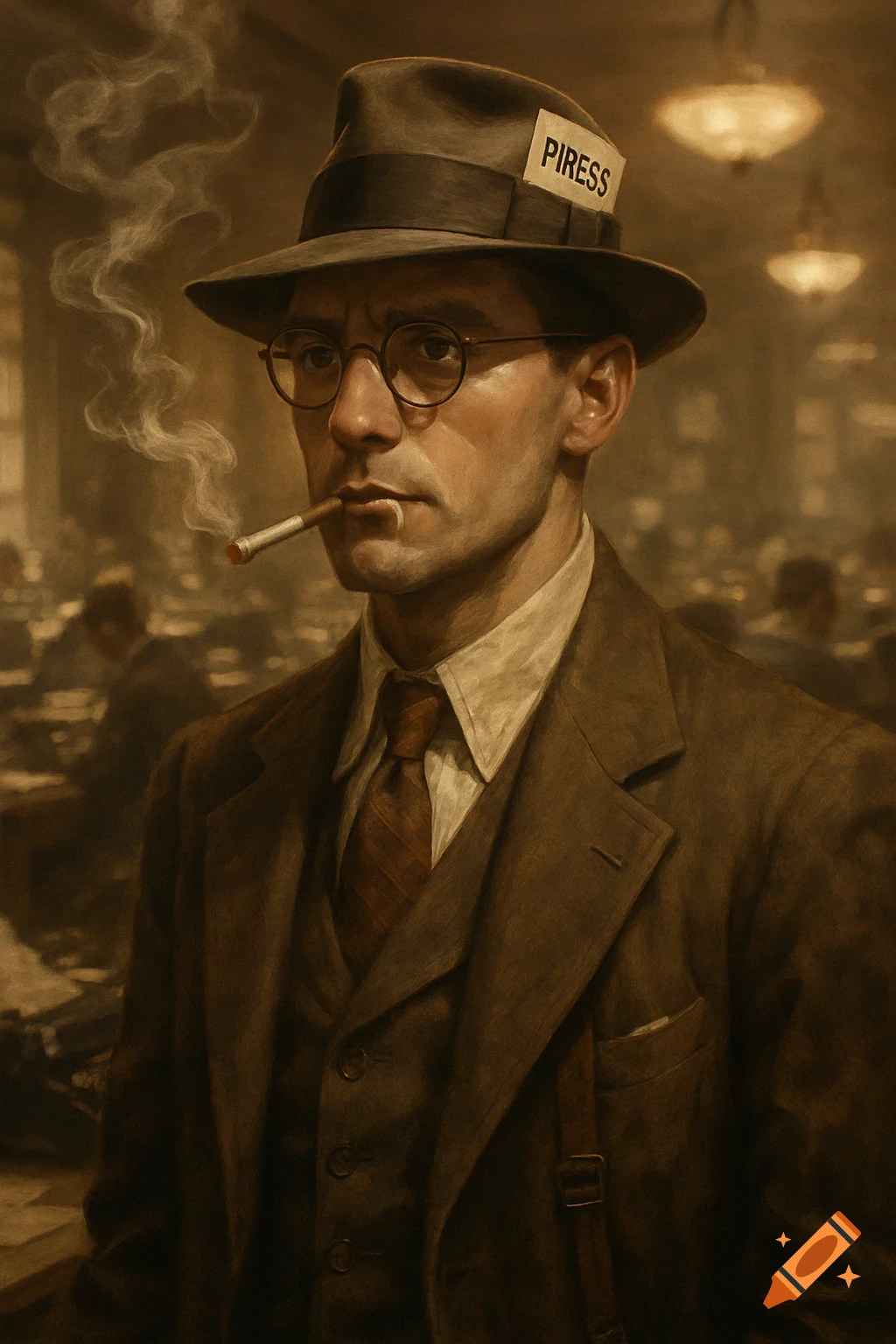 A sepia-toned portrait of a 1940s reporter with spectacles and a fedora featuring a 'PIRESS' card, smoking a cigarette in a busy office.