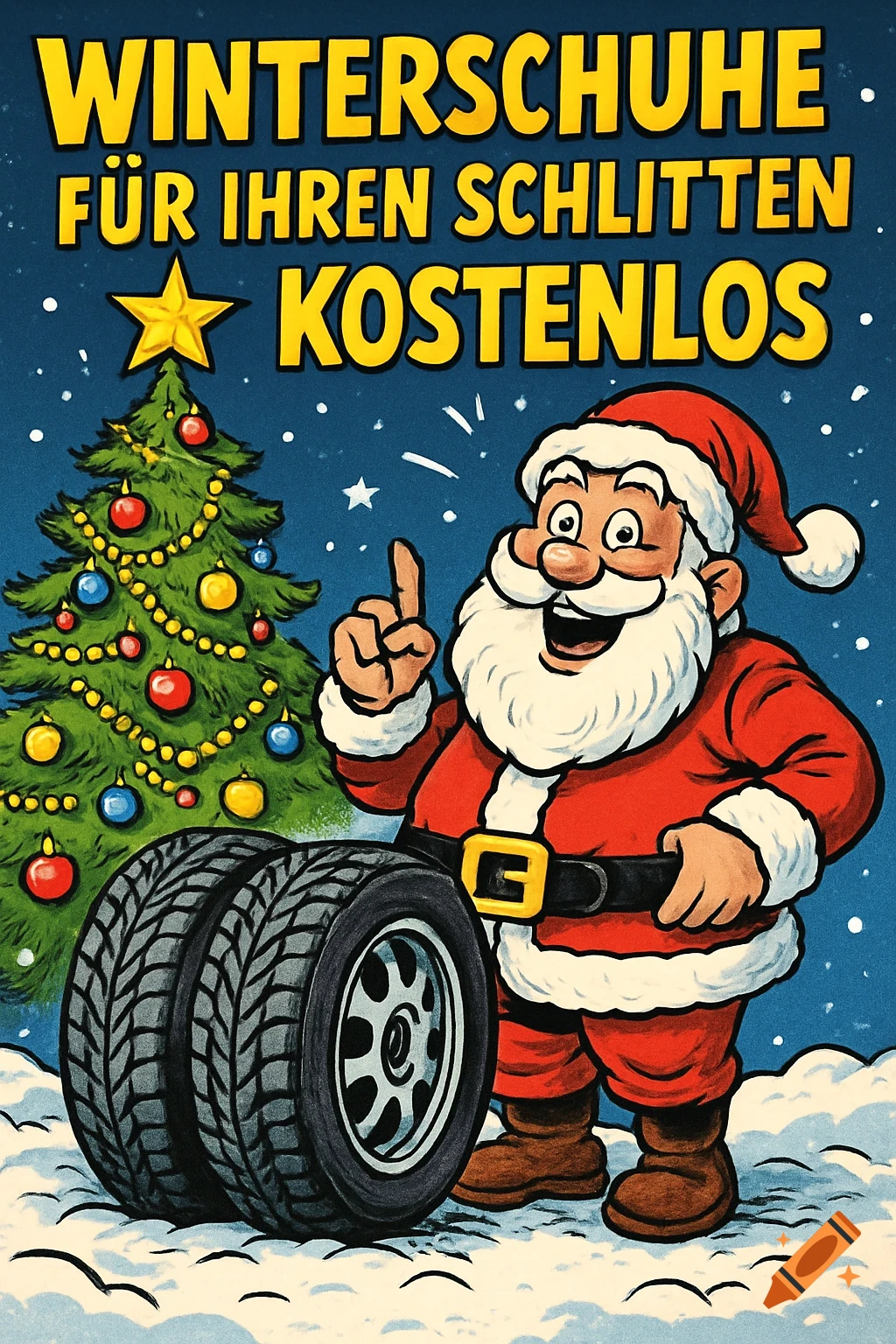 A cartoon Santa Claus points to winter car tires next to a Christmas tree in snow. Text: 'Winter shoes for your sleigh free'.