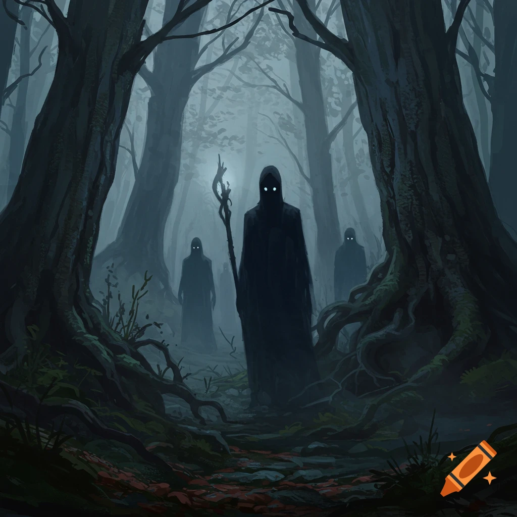 Three cloaked figures with glowing eyes stand in a dark, misty forest with gnarled trees and roots, in a digital painting.