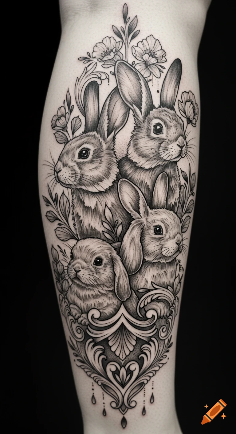Black and white tattoo on a leg featuring four rabbits surrounded by intricate floral and ornamental designs.