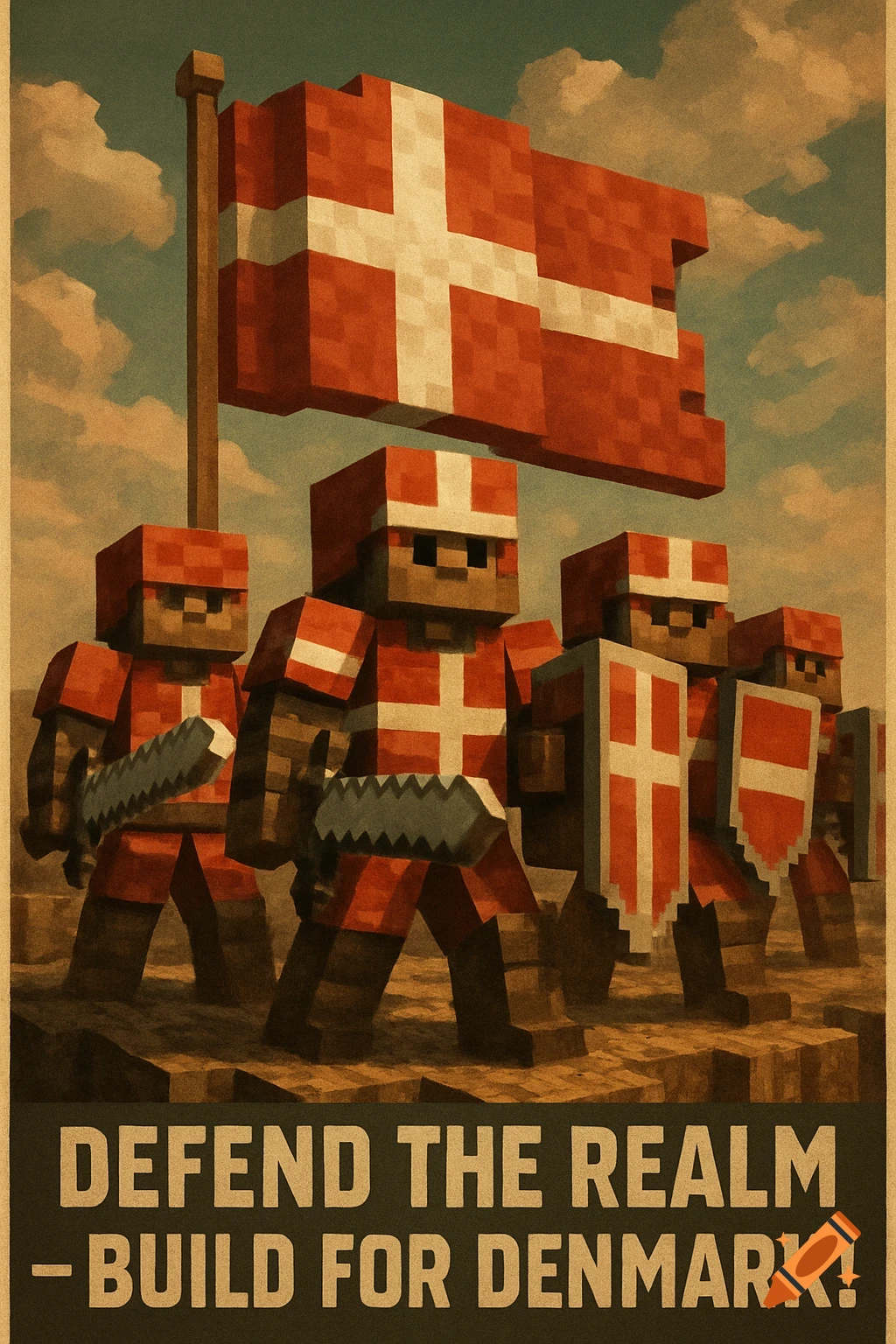 Minecraft-style propaganda poster with blocky Danish soldiers, swords, shields, and a large Danish flag.