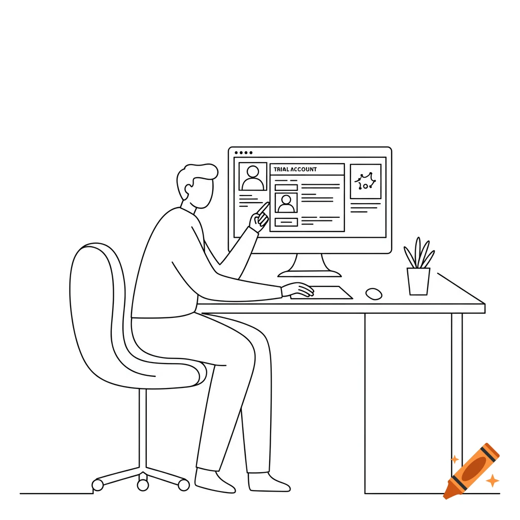 Minimalist black line art pictogram of a person using a computer with 'TRIAL ACCOUNT' displayed on the screen.