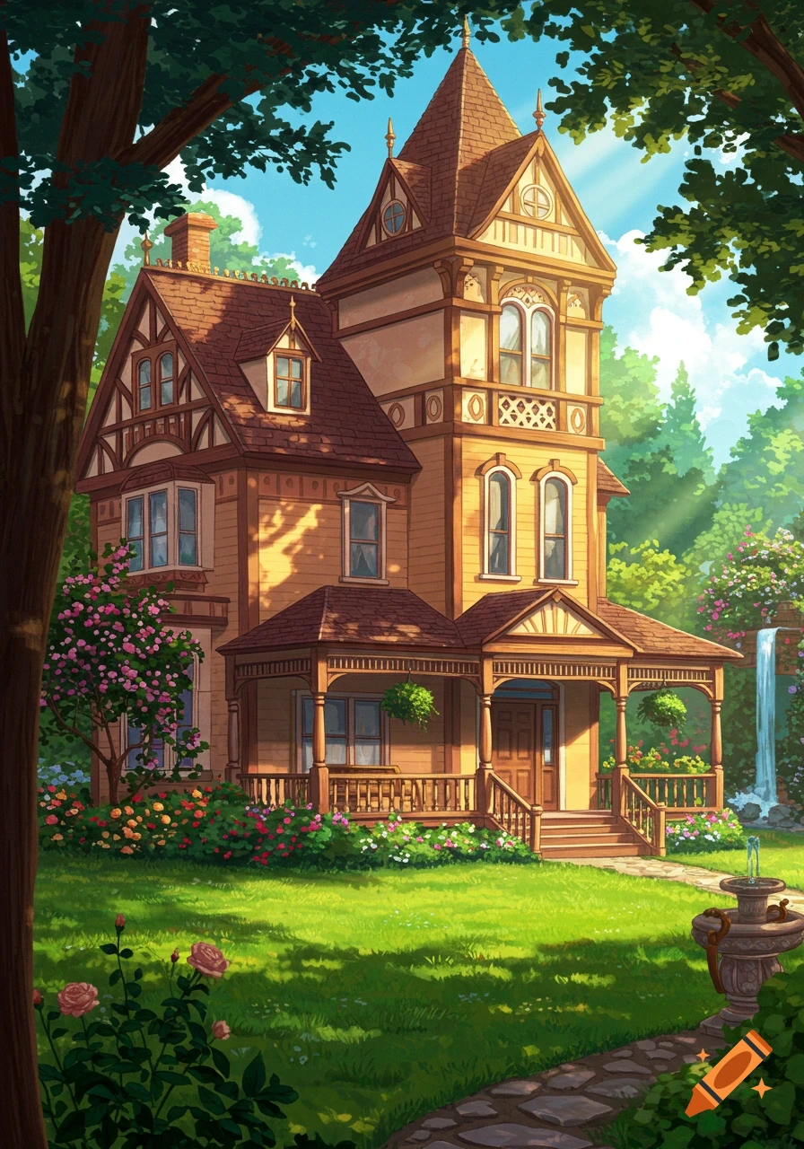 An illustration of a beautiful Victorian house with a porch and ornate details, surrounded by a lush garden with flowers, trees, and a waterfall.