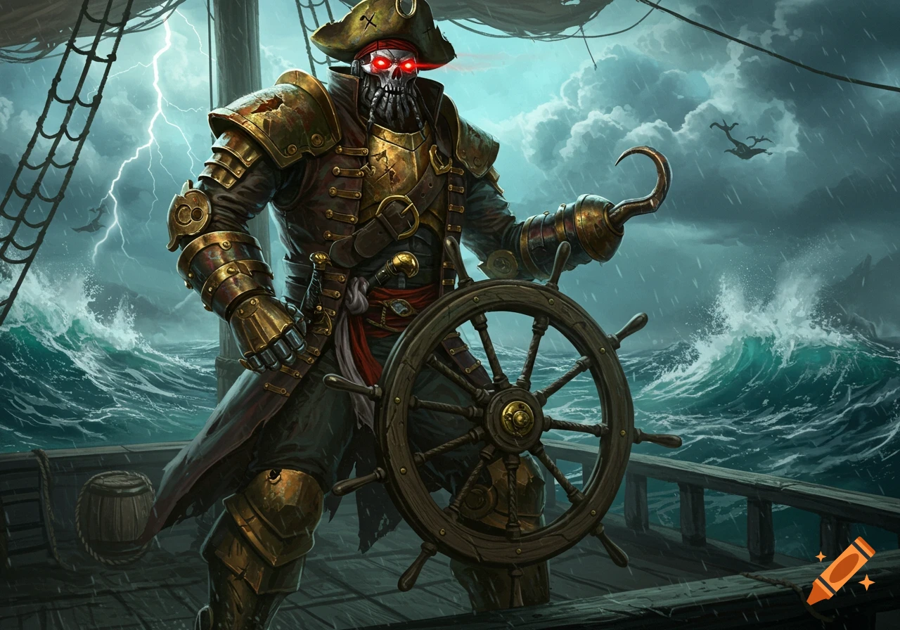 A formidable skull-faced pirate in steampunk armor with glowing red eyes and a hook hand steers a ship during a stormy sea.