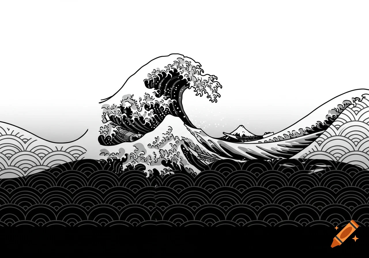 Black and white stylized Japanese art depicting a large Hokusai-style wave with boats, Mount Fuji, and traditional wave patterns.