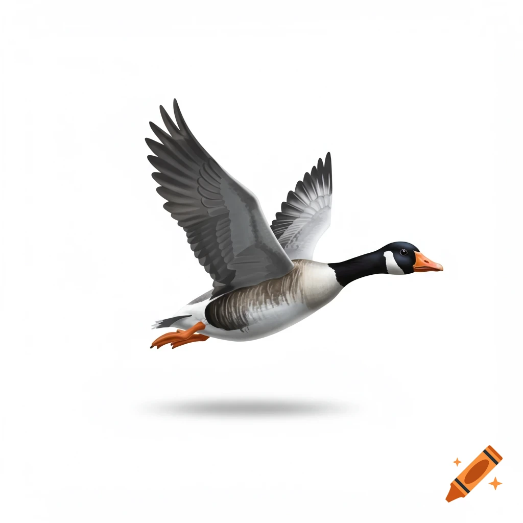 An illustrated wild goose in flight against a white background.