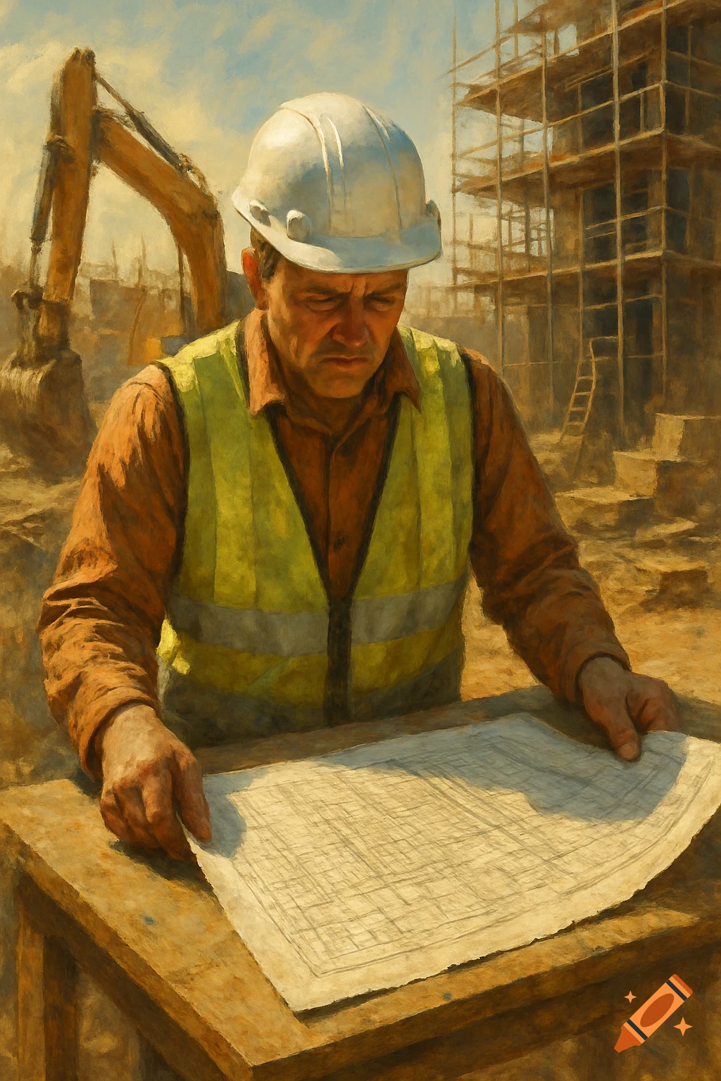 A painterly image of a construction worker in a hard hat and vest intently studying a blueprint at a construction site.