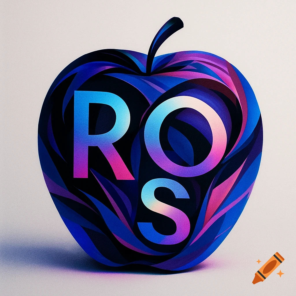 An abstract dark blue and purple apple with the letters R, O, S in gradient pink and cyan, on a light background.