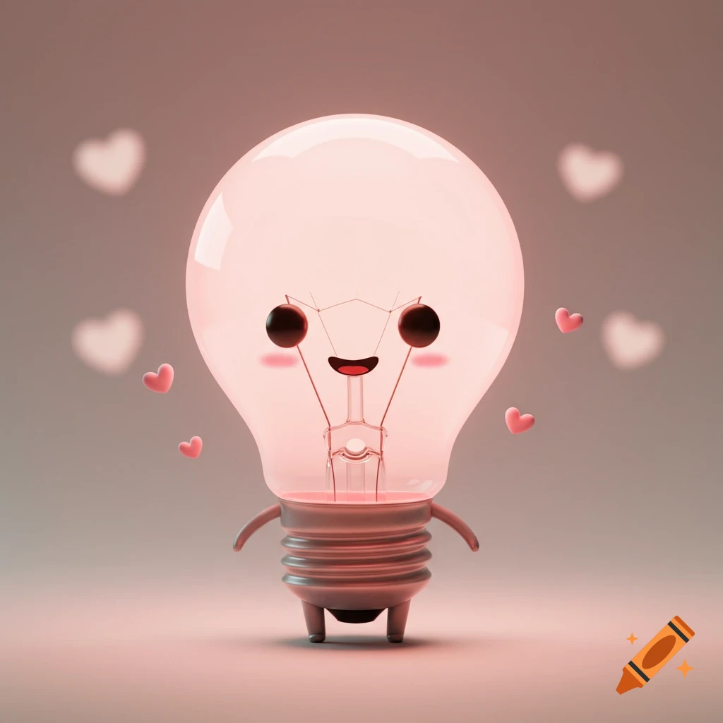 A cute, glowing pink lightbulb character with a smiley face, arms, and legs, surrounded by pink hearts.