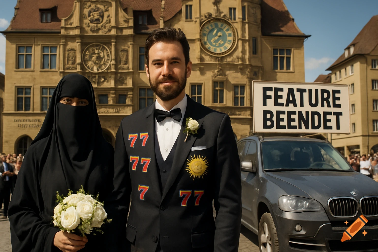Photorealistic image of a groom in a dark suit with casino symbols and a bride in a black niqab, holding a white bouquet, in front of an ornate building. A car with a "FEATURE BEENDET" sign is beside them.