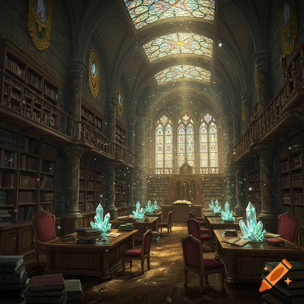 A grand, ornate library with high ceilings, gothic stained-glass windows, and shelves filled with ancient books. Sunlight illuminates desks adorned with glowing blue crystals.