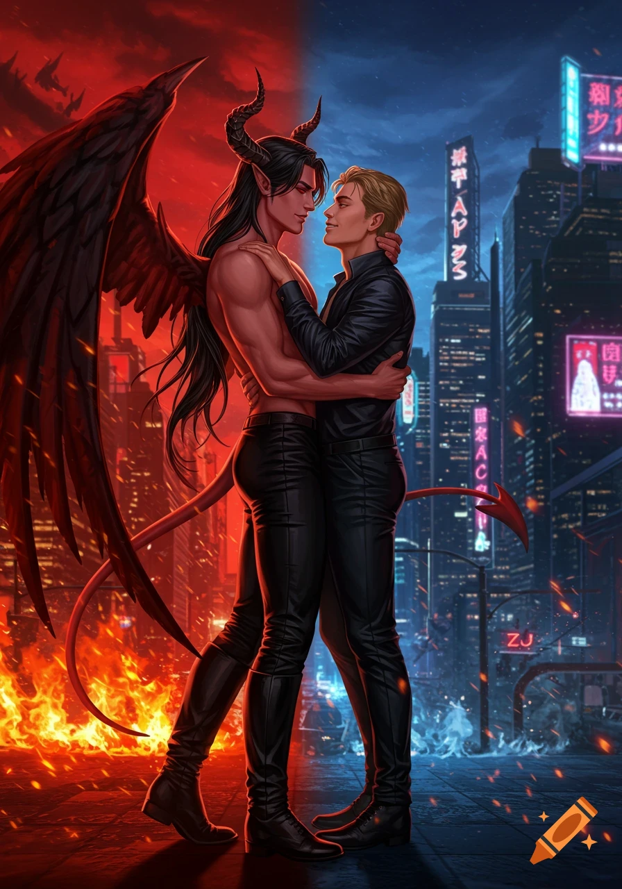 A red-skinned devil man with horns, wings, and a human man embrace against a background split between a fiery hellscape and a neon city. Digital art.