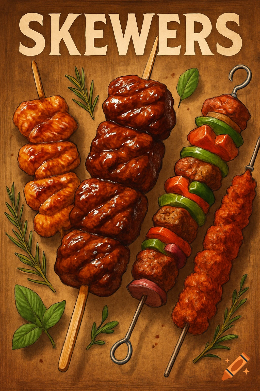 An illustration of different types of skewers including meat, chicken, and vegetables, against a rustic wooden background with the word "SKEWERS" at the top.