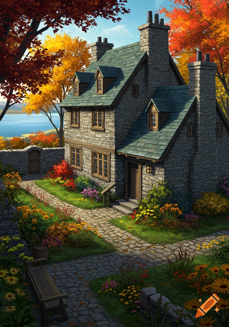 A picturesque stone cottage with a green roof, surrounded by a vibrant autumn garden and a lake, in a digital painting style.