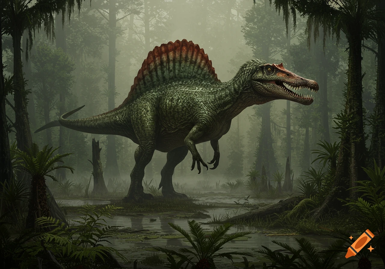 A large green and red Spinosaurus stands in a foggy, primeval swamp forest with tall trees and water.