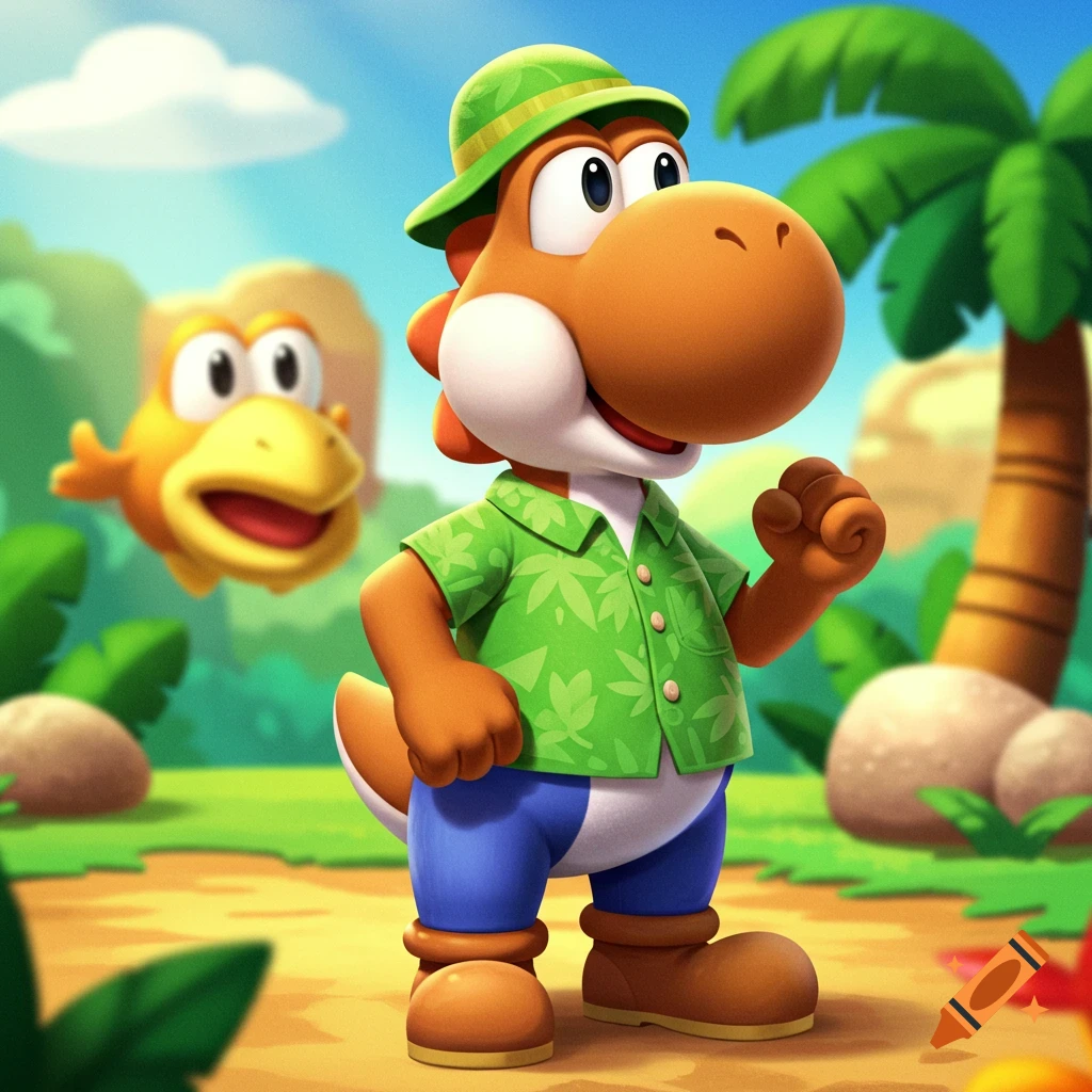An orange Yoshi in a green Hawaiian shirt, blue pants, brown shoes, and a green hat stands in a lush jungle with a yellow character behind.