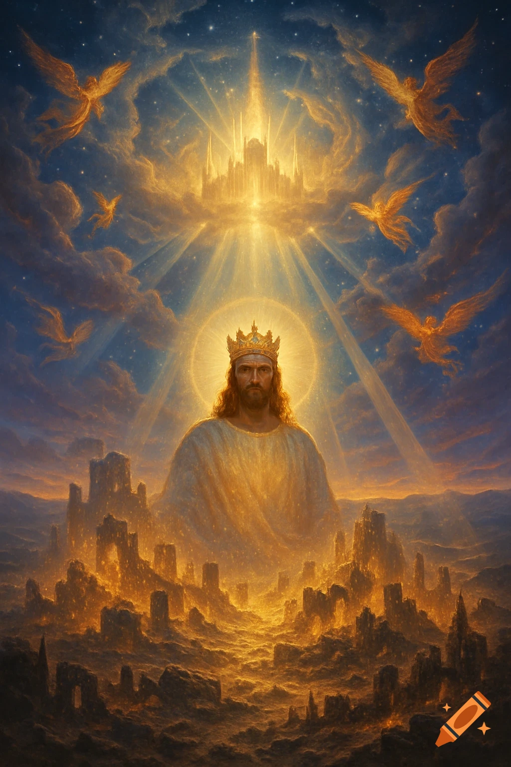 Jesus, crowned and robed in white, stands amidst golden light, angels, and a heavenly city, above a ruined landscape.