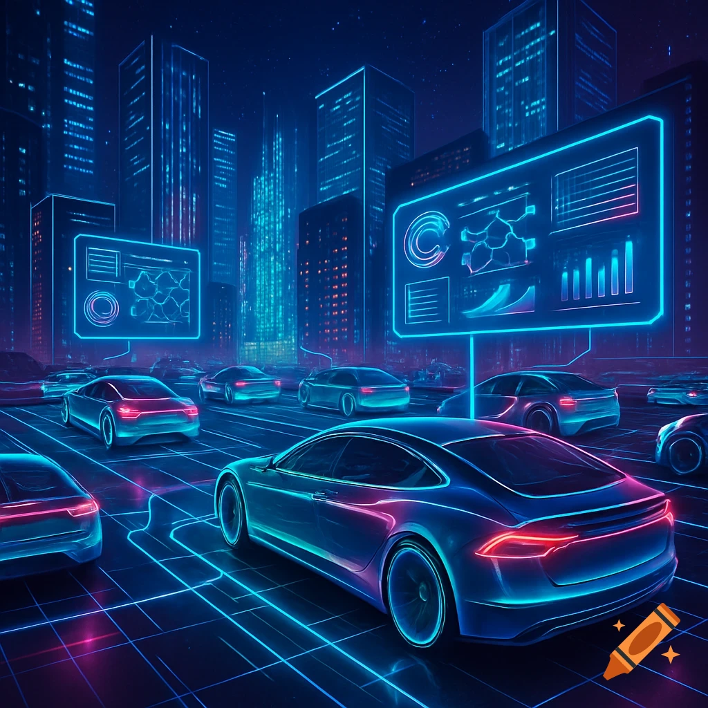Futuristic glowing cars on a neon grid road in a dark cyberpunk city with floating data screens.