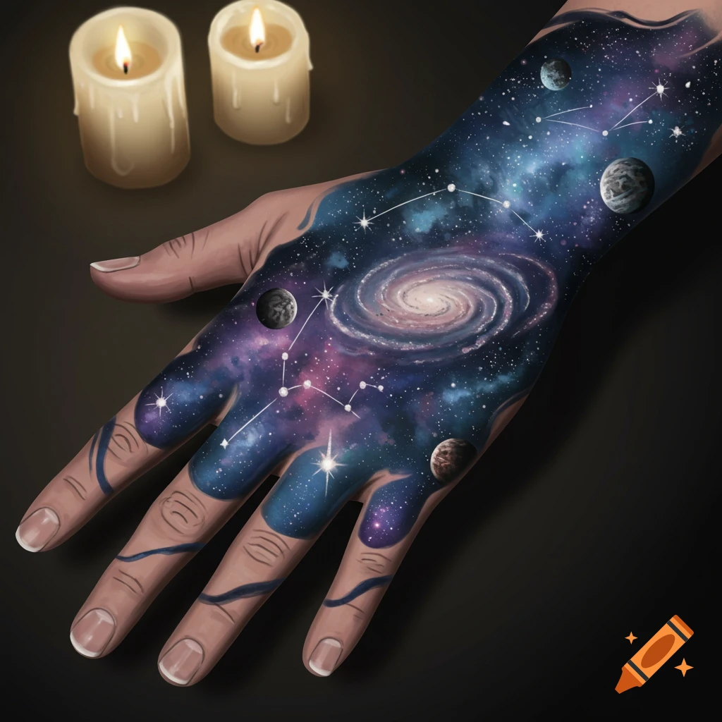 A hand with a detailed galaxy and constellation tattoo, with two lit candles in the soft background.