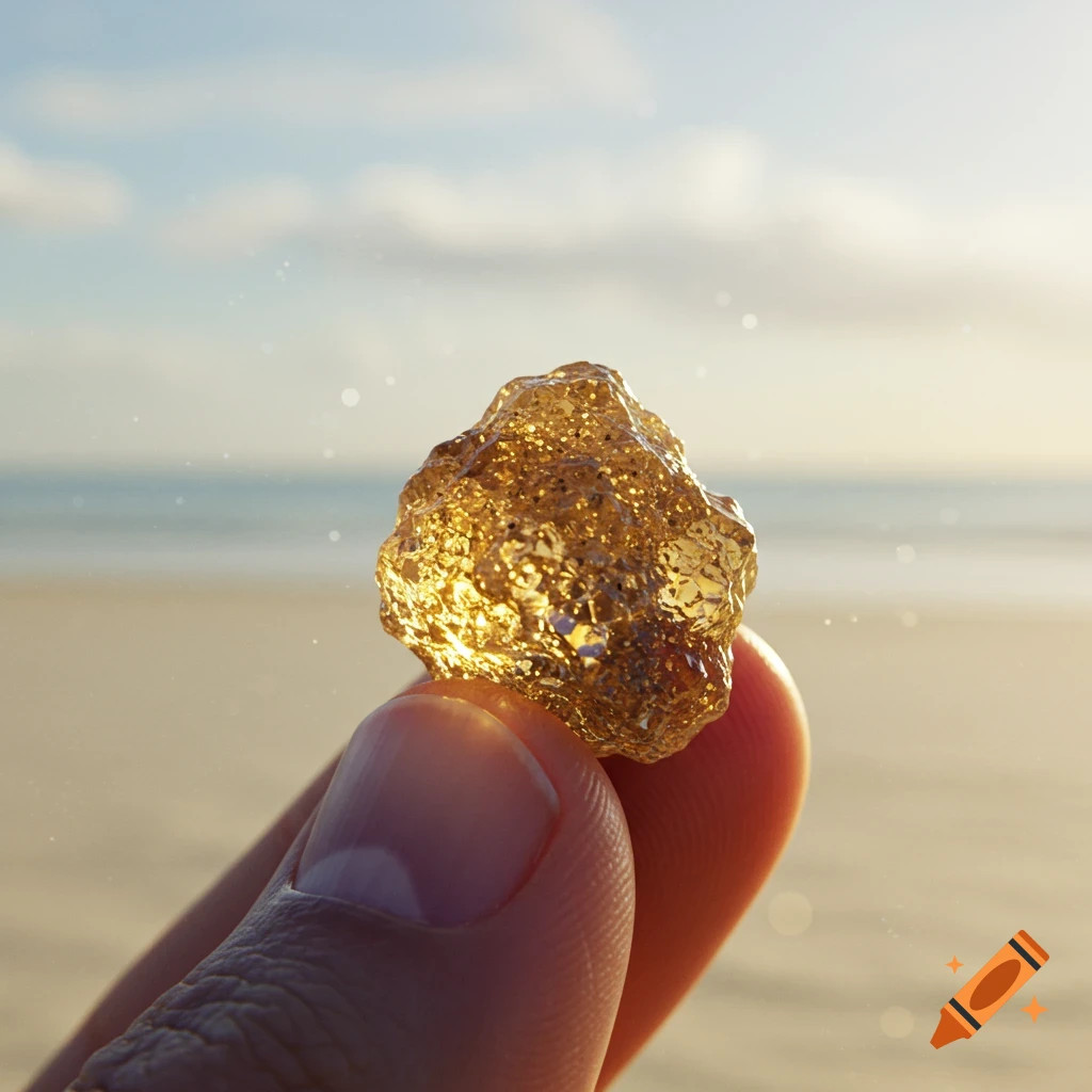 A hand holds a sparkling, golden, crystalline nugget against a blurry beach and ocean background at sunset.