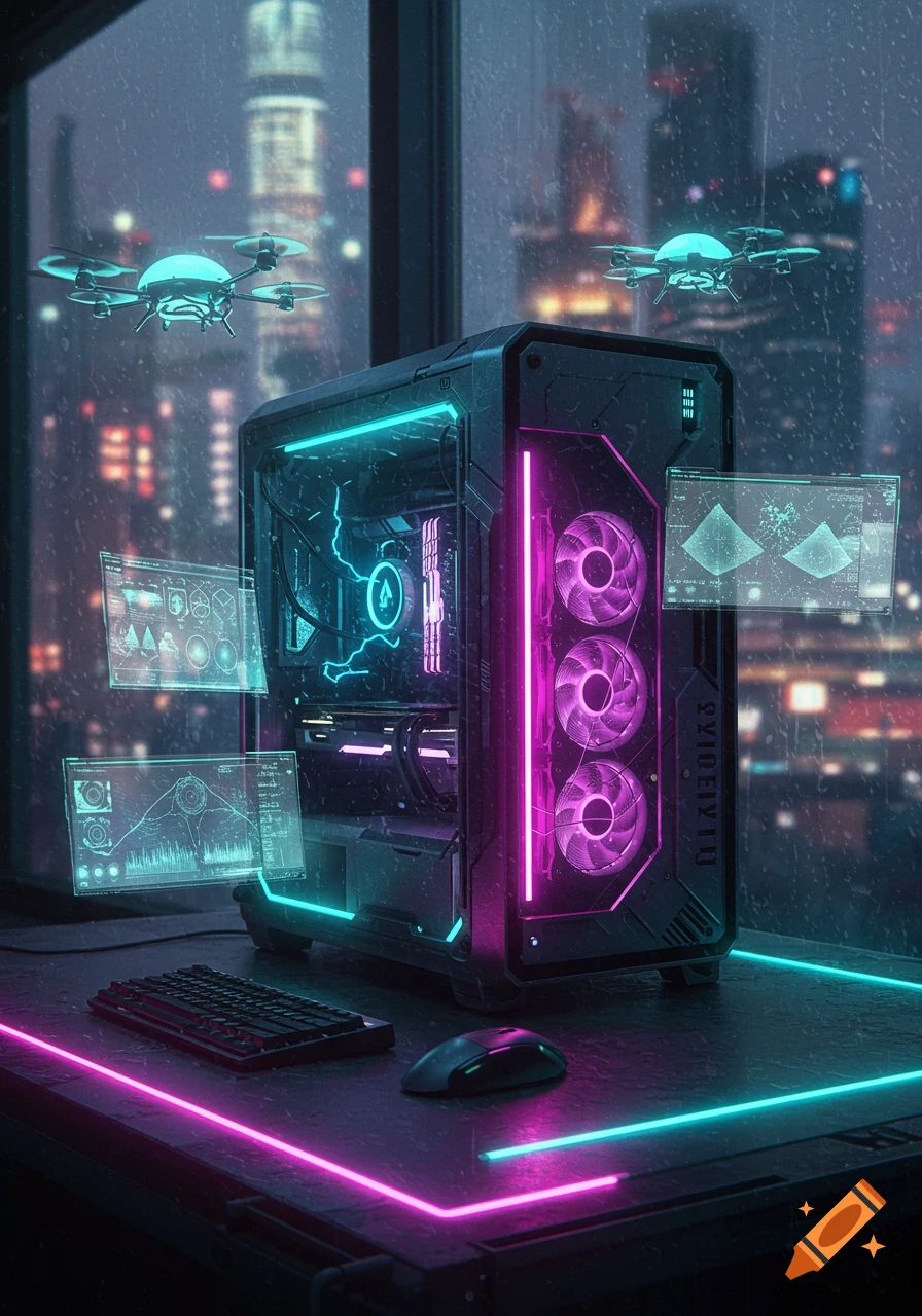A cyberpunk PC setup with neon pink and blue lights, holographic screens, keyboard, and mouse, overlooking a rainy futuristic city with drones.
