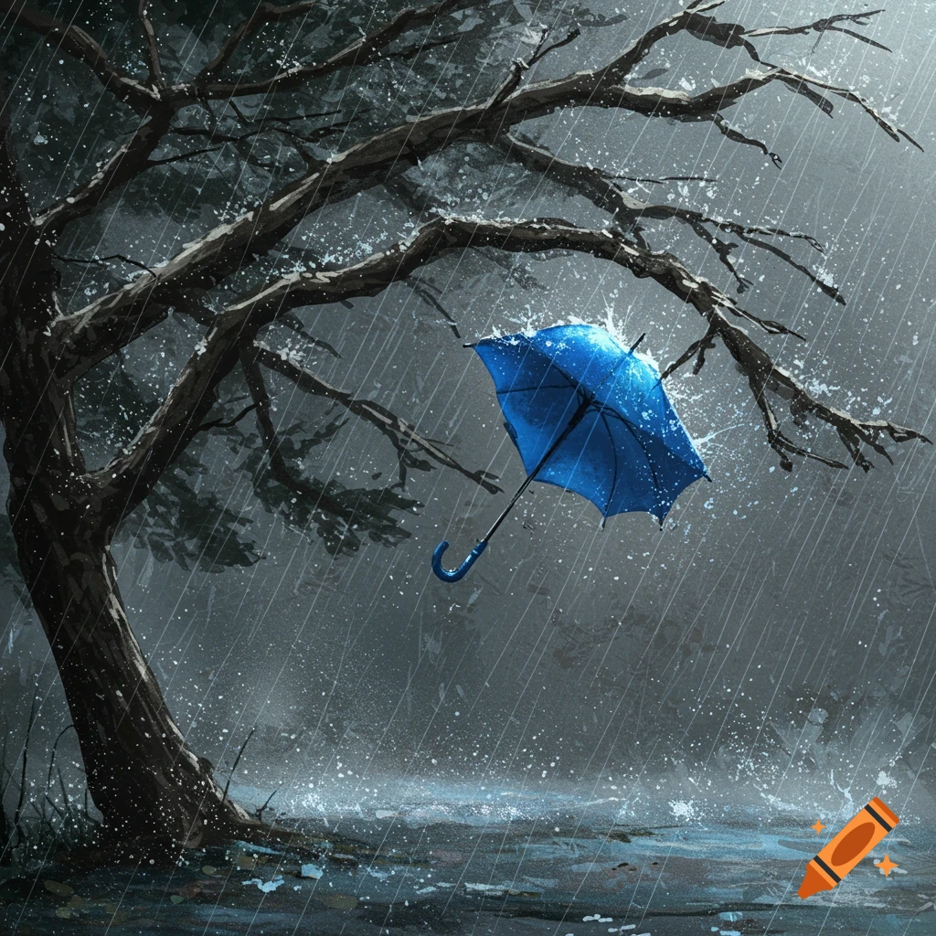 A bright blue umbrella floats in heavy rain beside a gnarled, dark tree in a stormy, artistic scene.