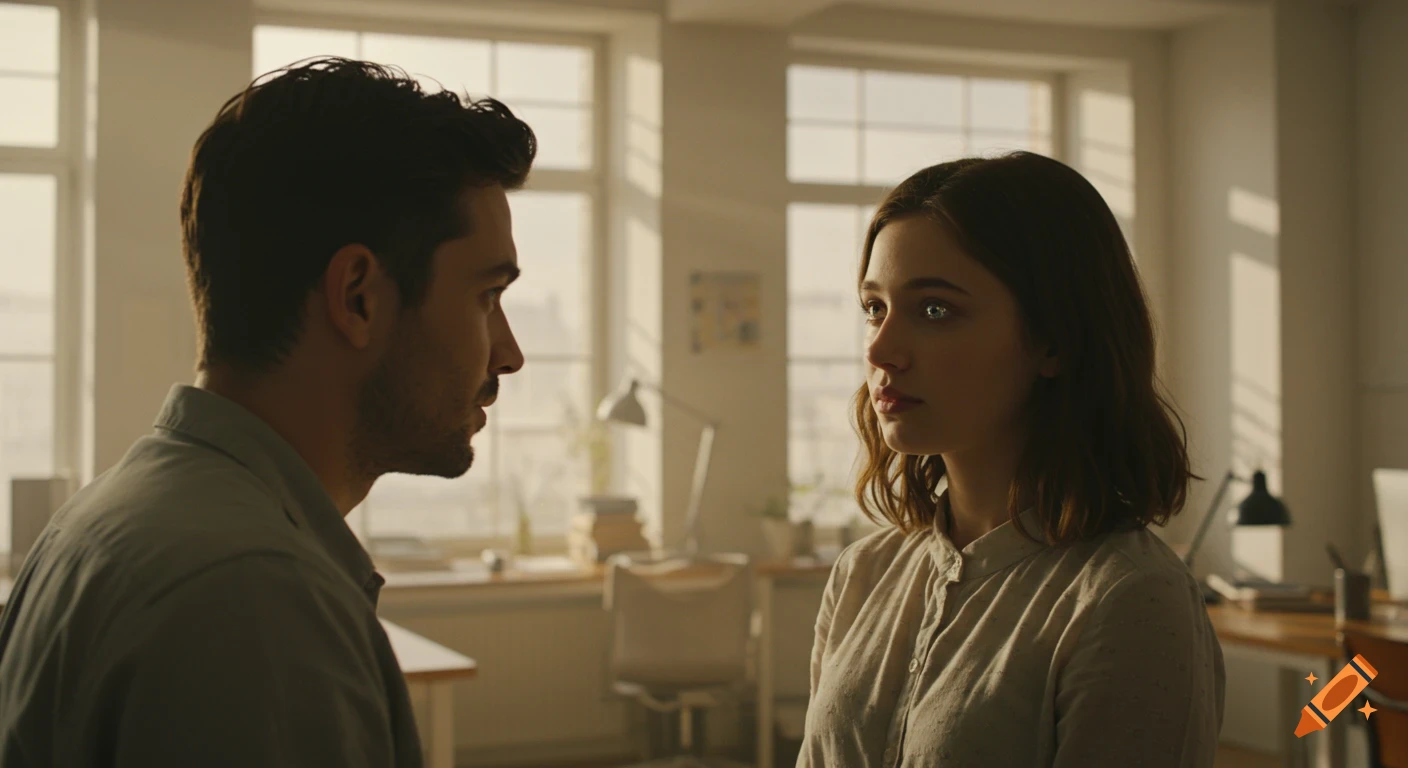 A man and woman look at each other intently in a warm, sunlit modern office.