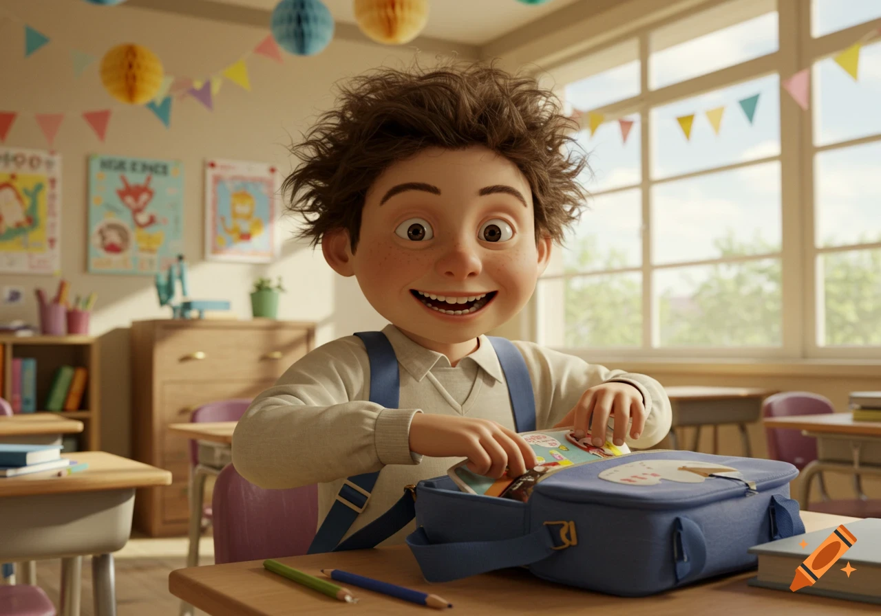 A happy, animated boy with messy brown hair and freckles smiles while looking through his blue bag at a desk in a bright classroom.
