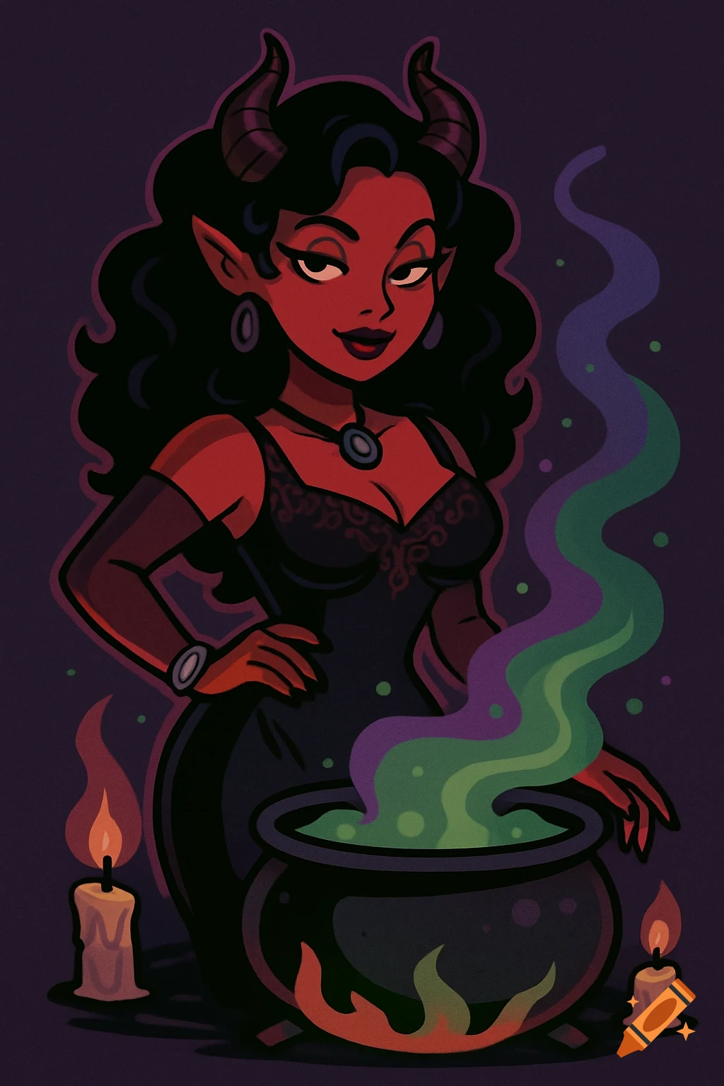 Red-skinned demon woman with horns and pointed ears, in a black dress, brewing a green potion in a cauldron, in a cartoon style.