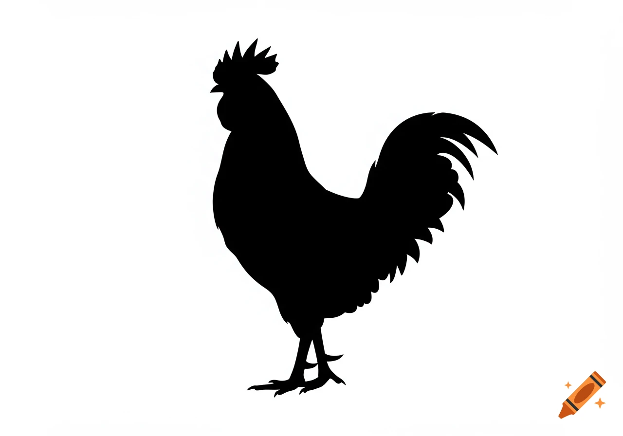 A black silhouette of a rooster standing on a white background.