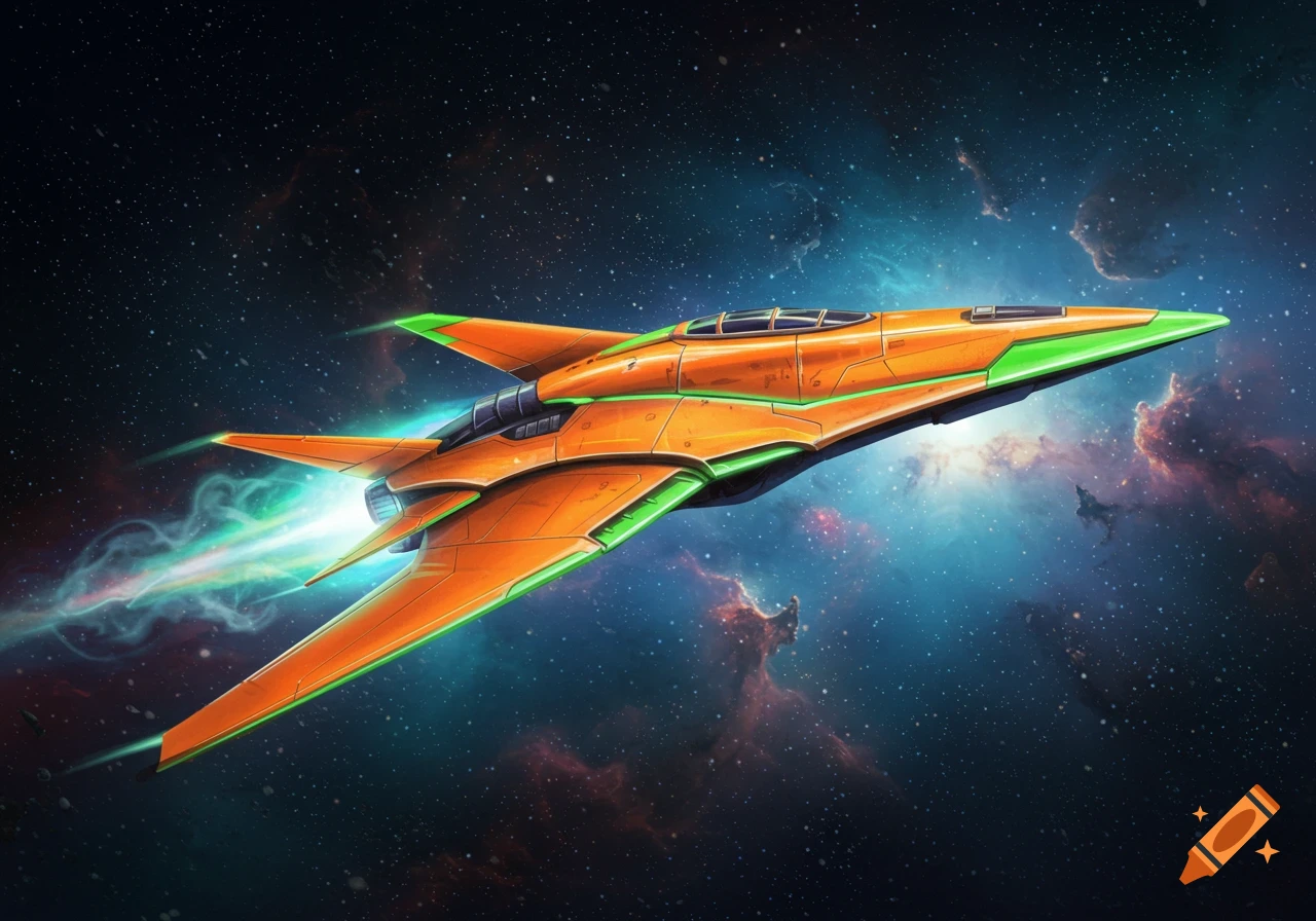 An orange and green racing starship with glowing engines flies through a starfield with a bright nebula.
