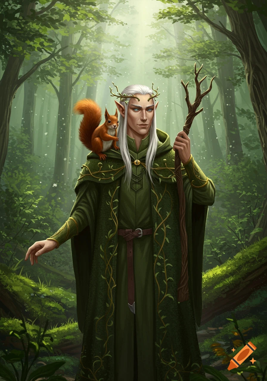 Male elf druid in a green cloak with a squirrel on his shoulder stands in a mystical forest, holding a staff.