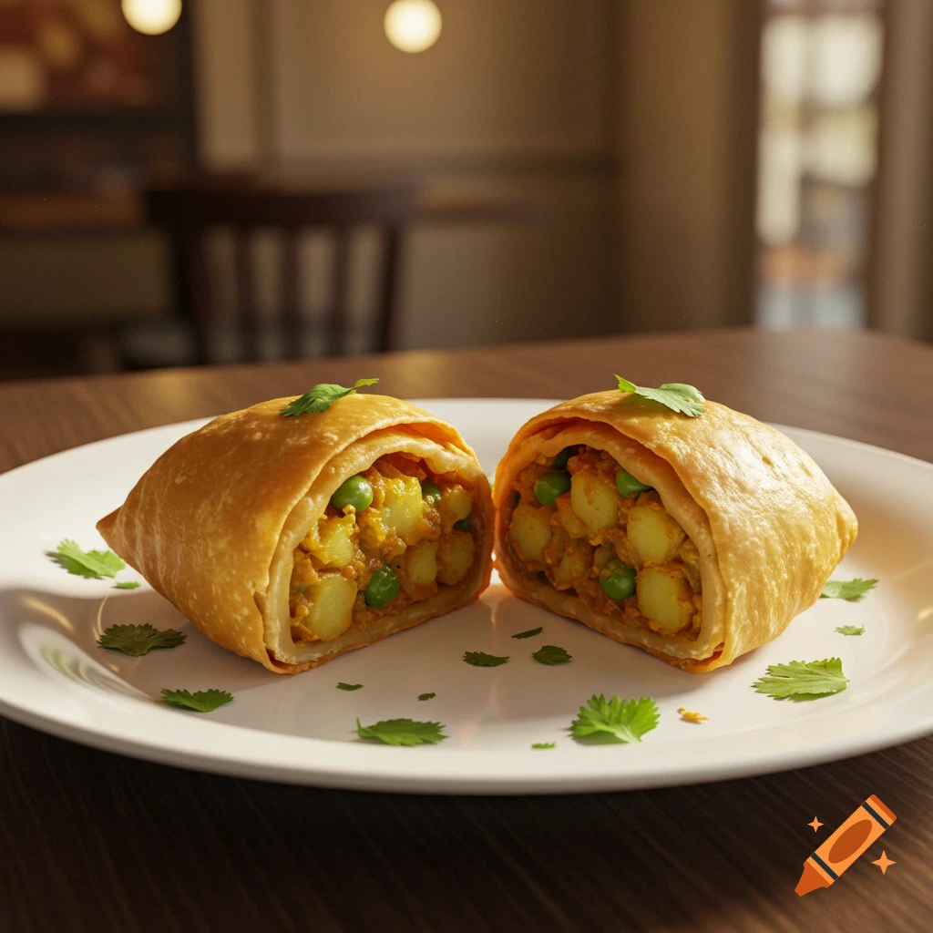 Two golden brown samosas, cut in half to show the potato and pea filling, rest on a white plate in a photorealistic style.