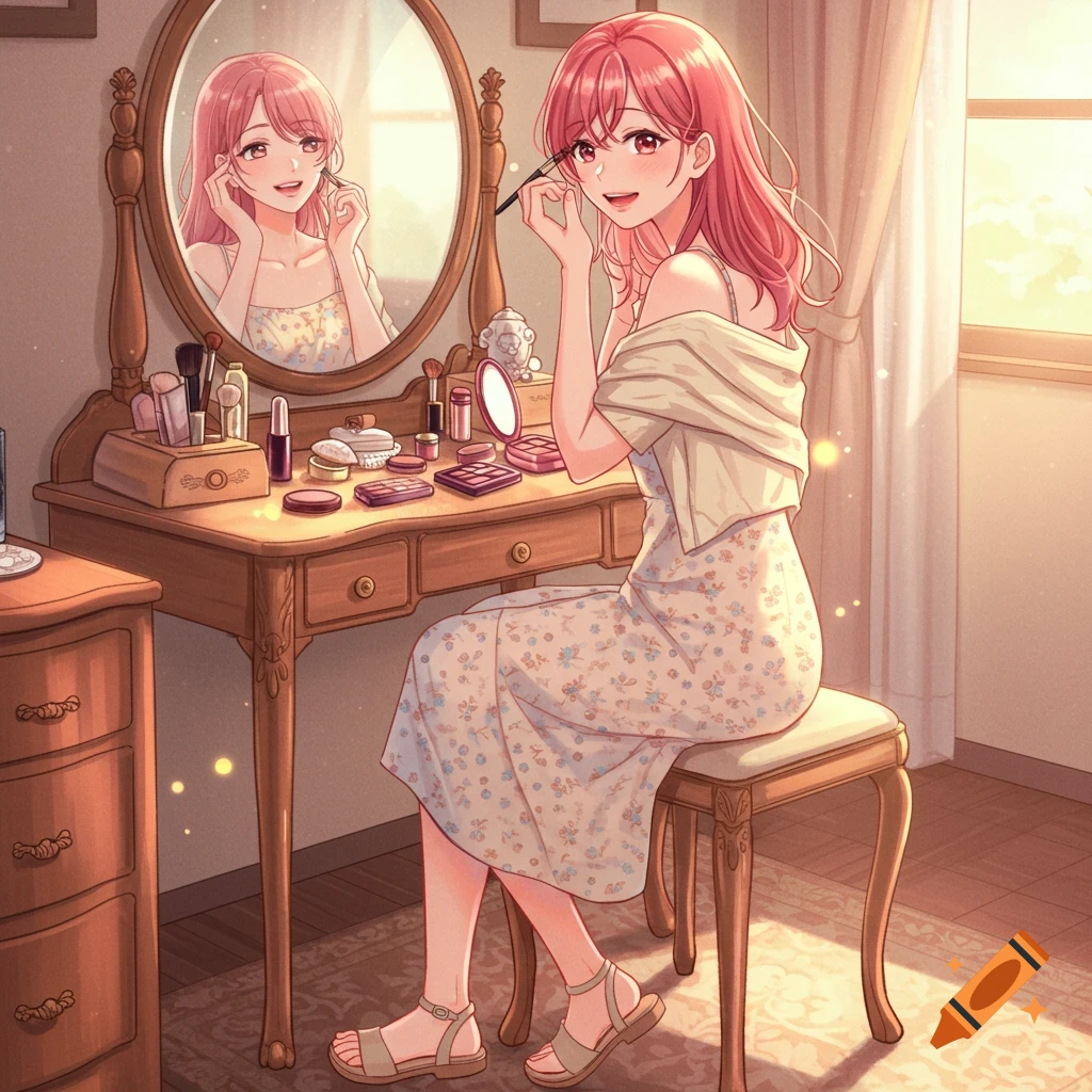 An anime girl with pink hair in a sundress smiles at her reflection while applying makeup at a sunlit dressing table.