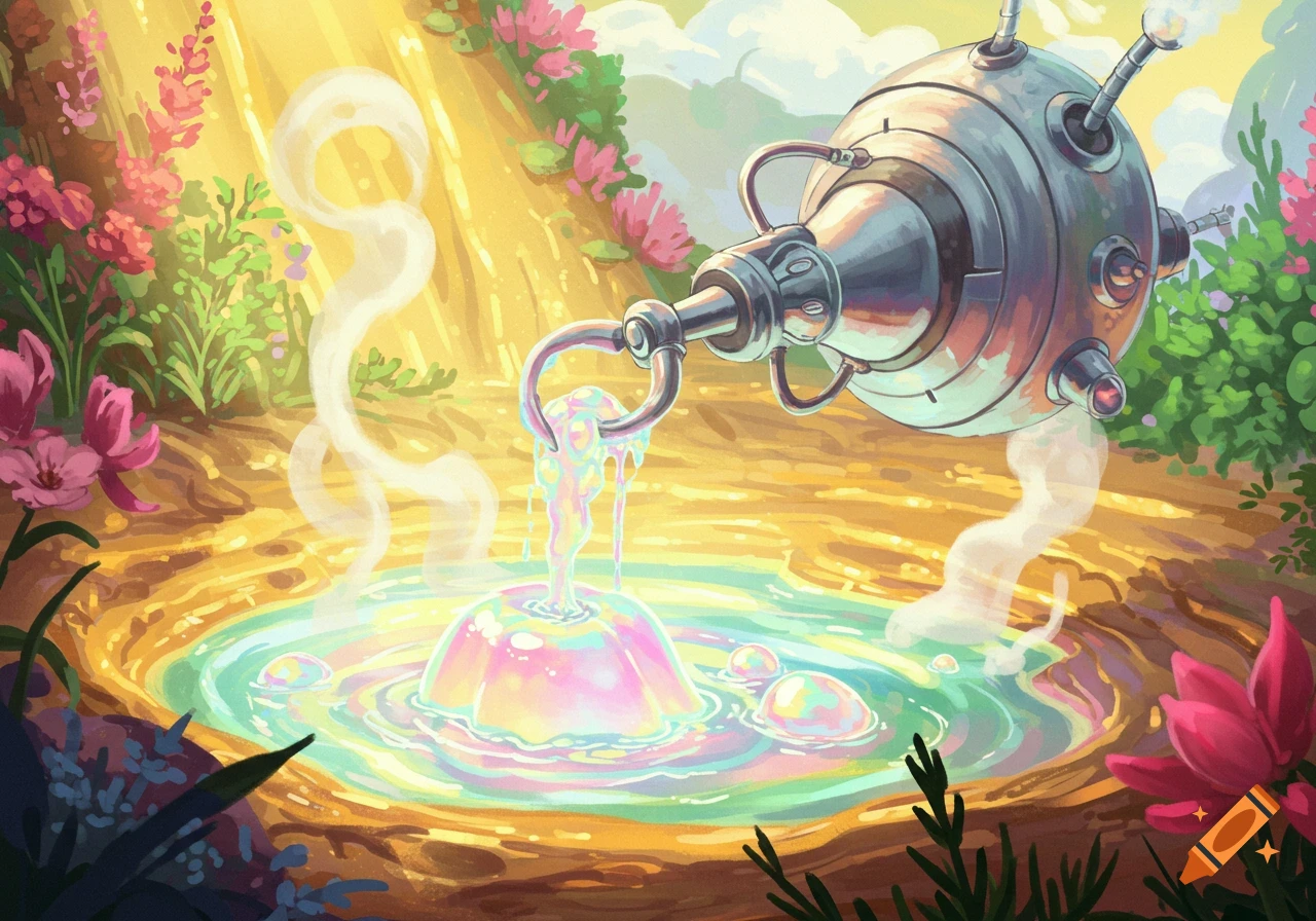 A shiny metallic drill machine extracts iridescent jelly from a vibrant, steaming hot spring in a sunny, flower-filled landscape.