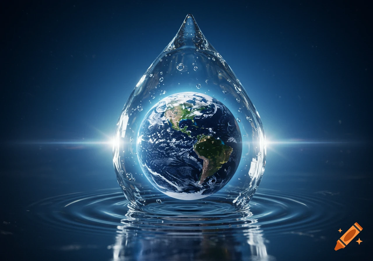 Photorealistic rendering of Earth encapsulated within a large water droplet, creating ripples on a reflective blue surface.