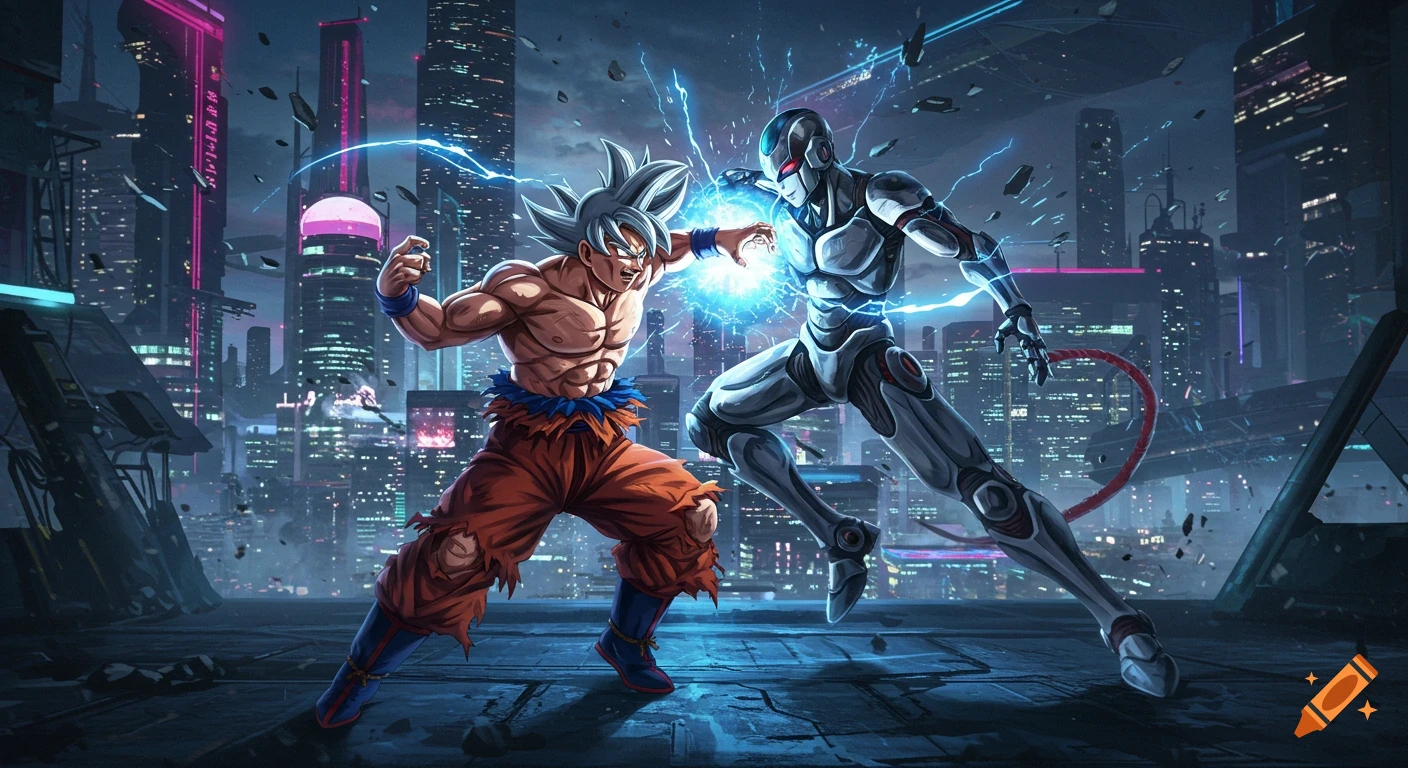 Goku in Super Saiyan form fights a robot in a neon-lit futuristic city, digital art.