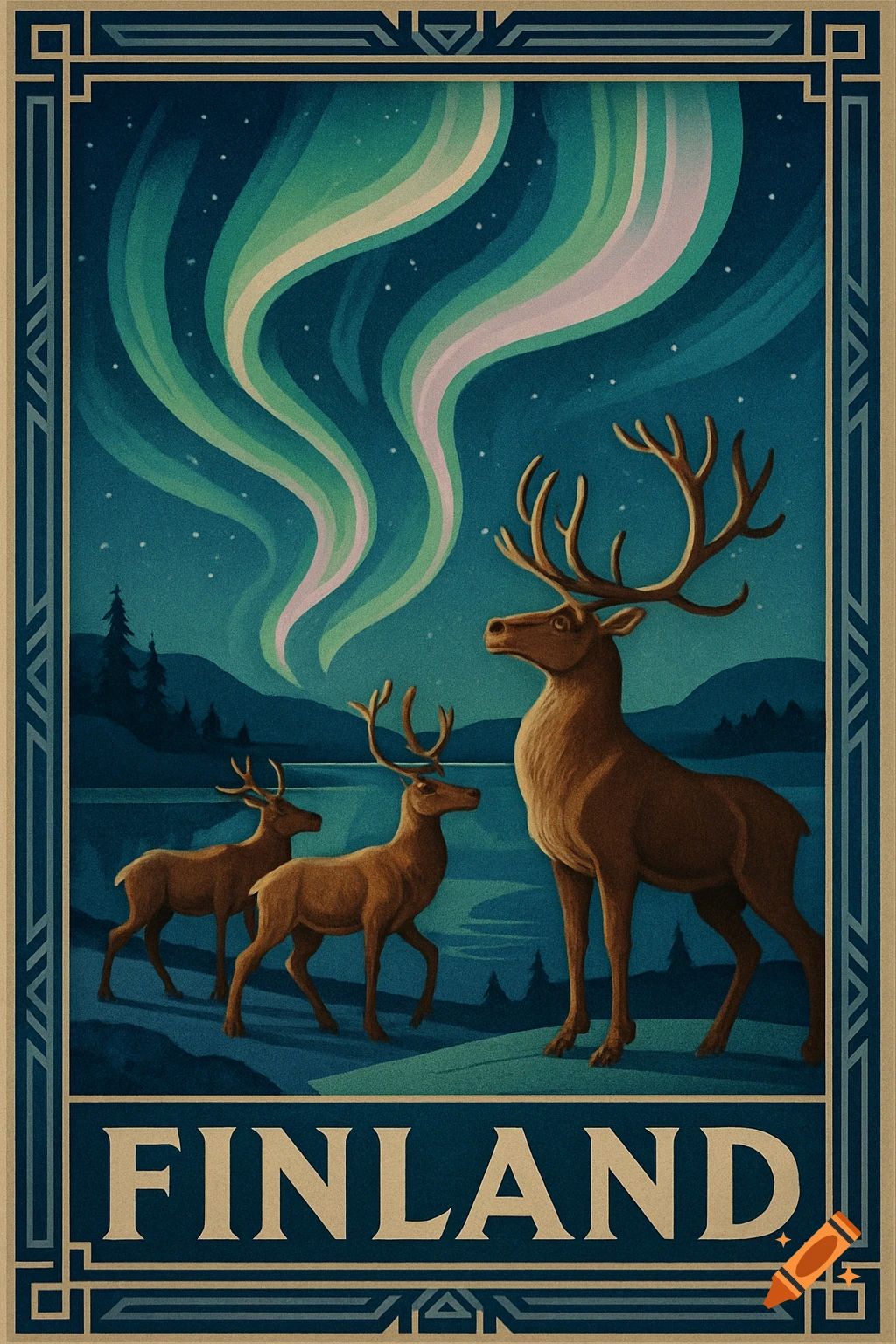 Vintage Art Deco travel poster for Finland with reindeers under aurora borealis.