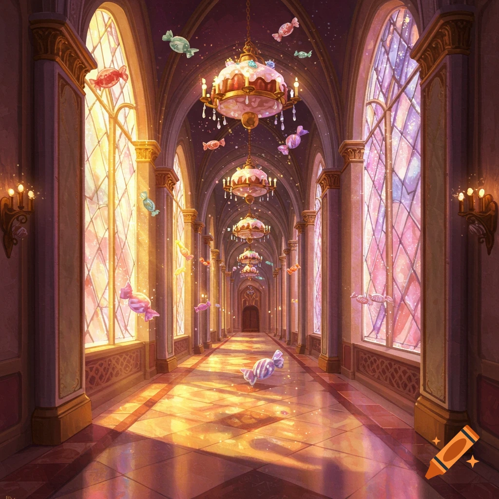 A fantastical, ornate hallway with stained glass windows, cake chandeliers, and colorful floating candies. Golden light brightens the path.