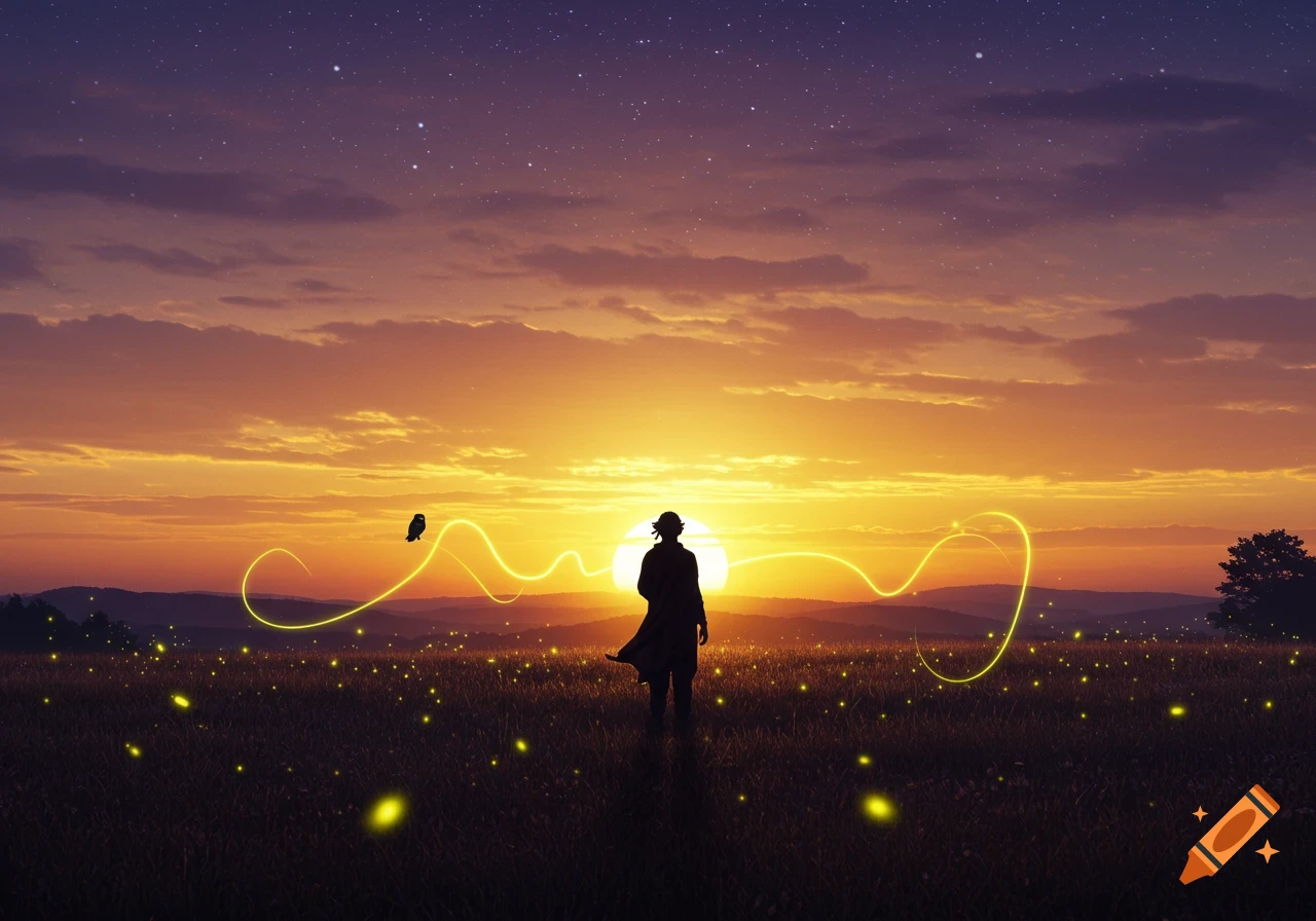 A silhouette of a person standing in a field at sunset under a starry sky, with glowing yellow lines and fireflies.