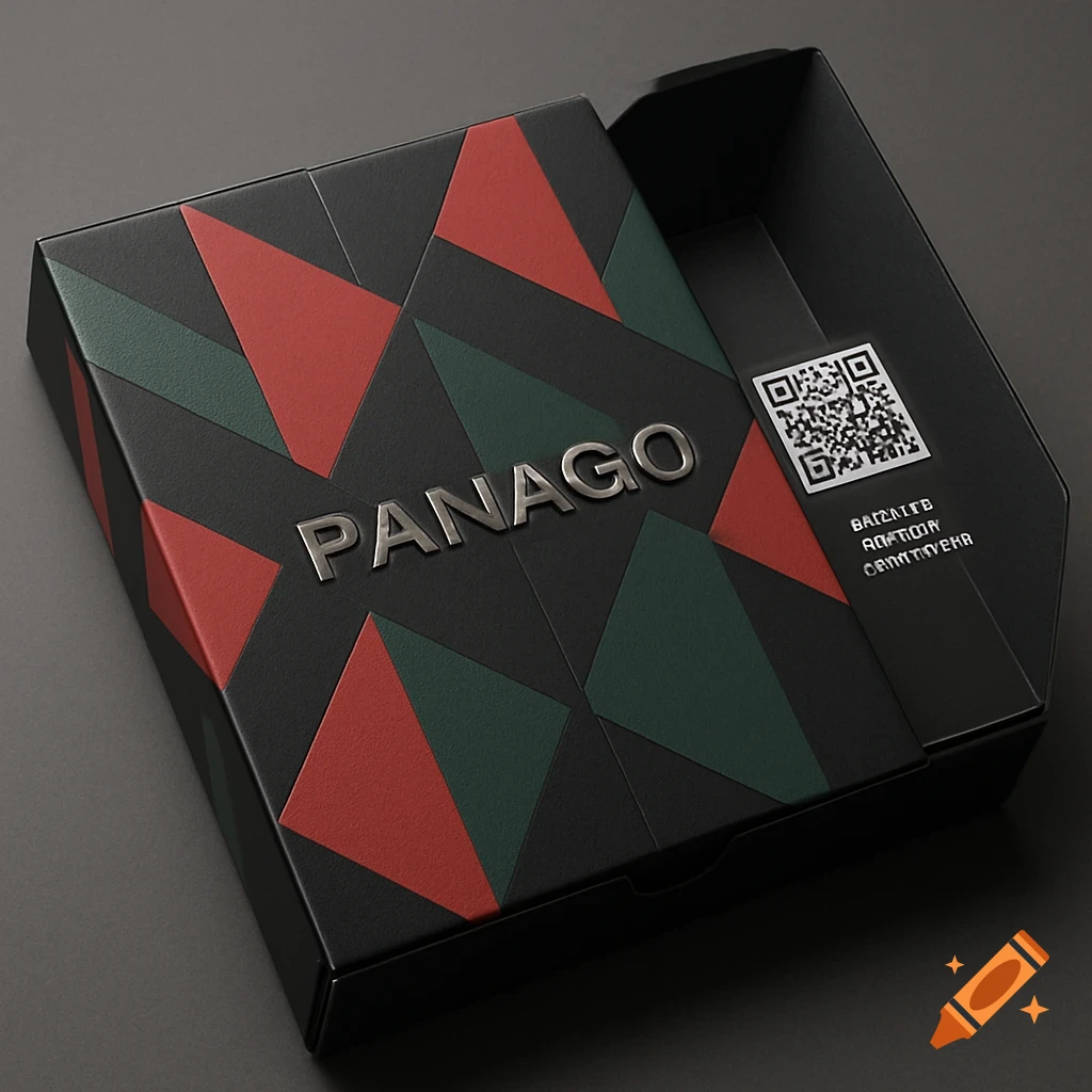 A black pizza box with red and green geometric patterns and a silver embossed "PANAGO" logo, with a QR code and some garbled text on the open inner flap.