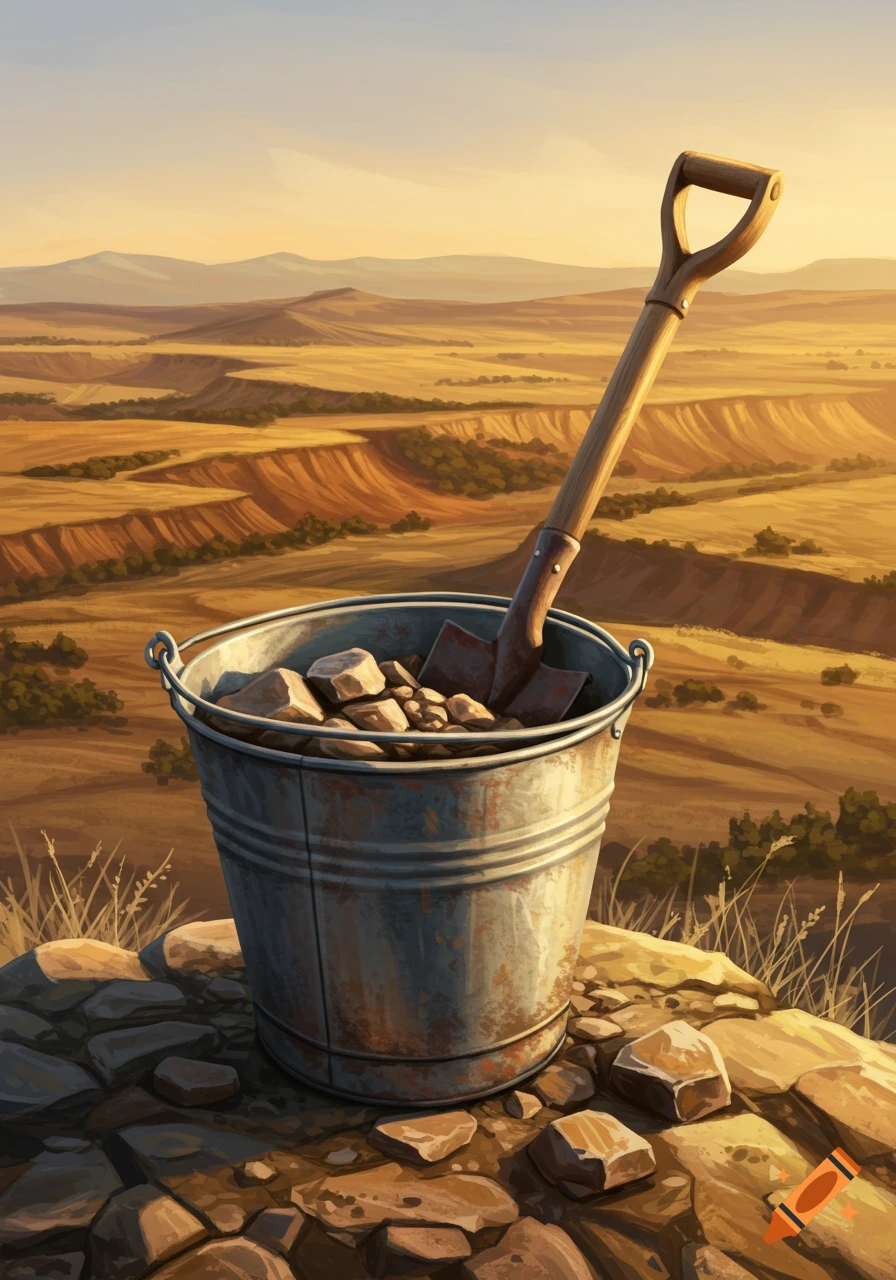 A rusty metal bucket with a shovel and rocks sits on a rocky outcrop, overlooking a golden, rolling landscape at sunset.