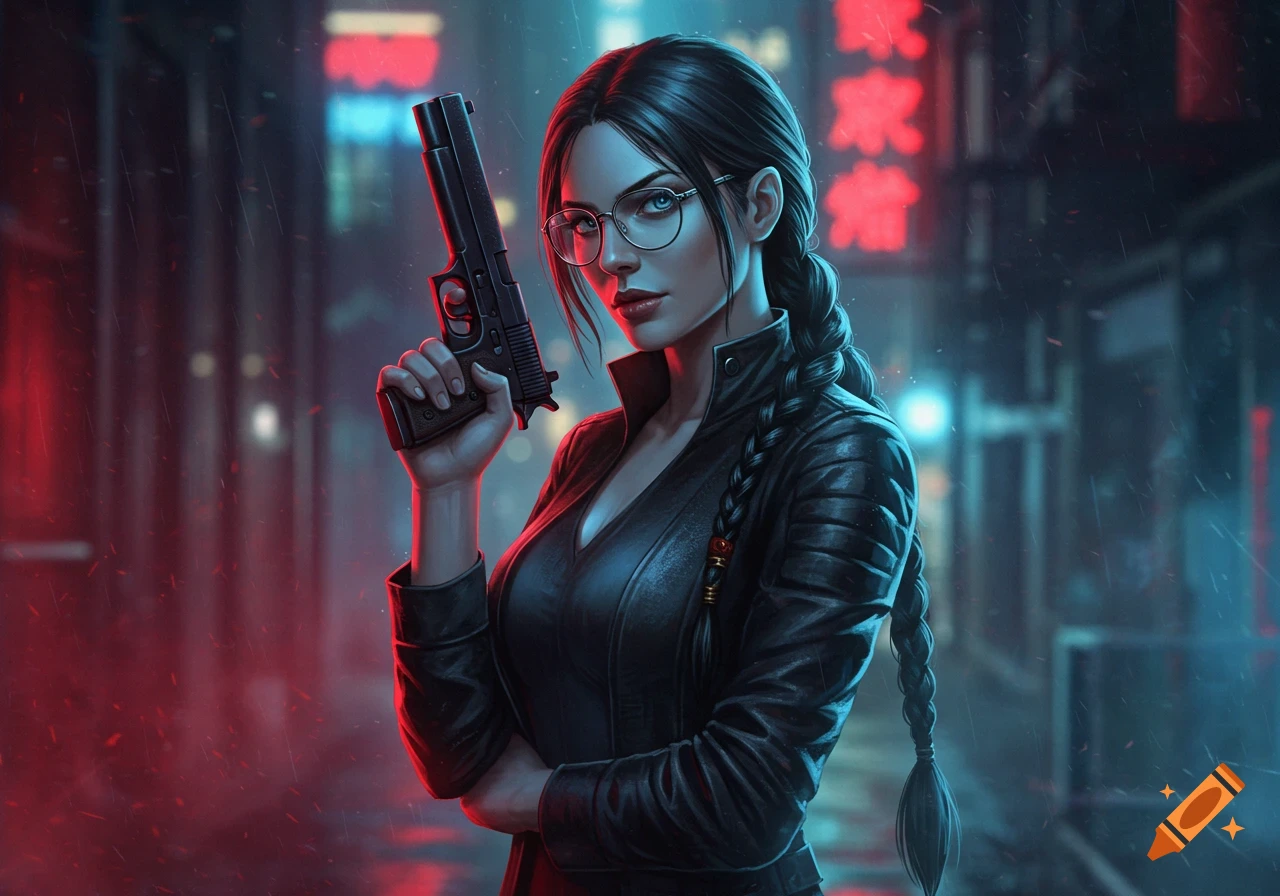 A digital painting of a woman with a braid, glasses, and a leather jacket, holding a pistol in a neon-lit cyberpunk alley.