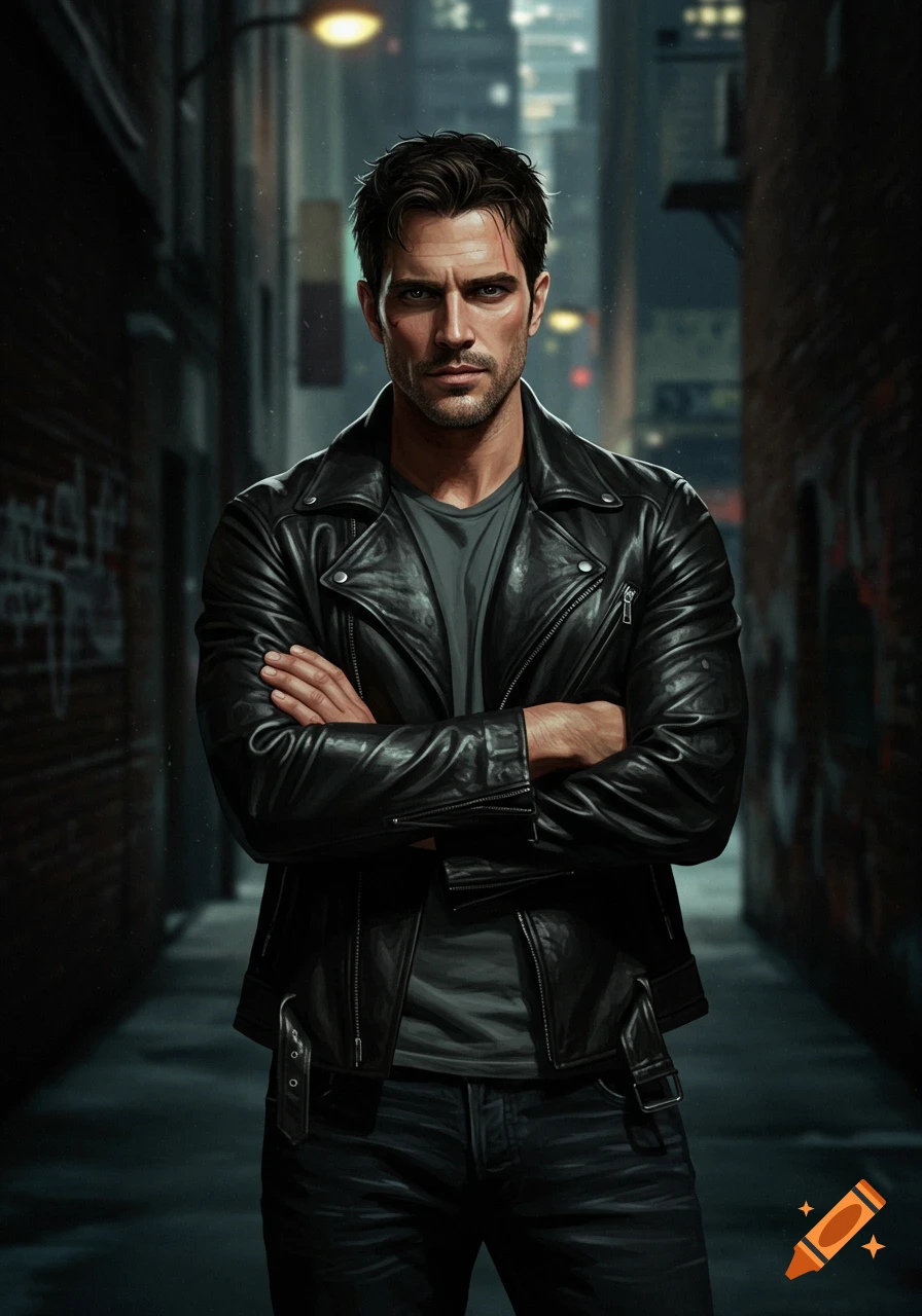 A rugged man with stubble and a scar, wearing a black leather jacket, stands with crossed arms in a dimly lit urban alley.
