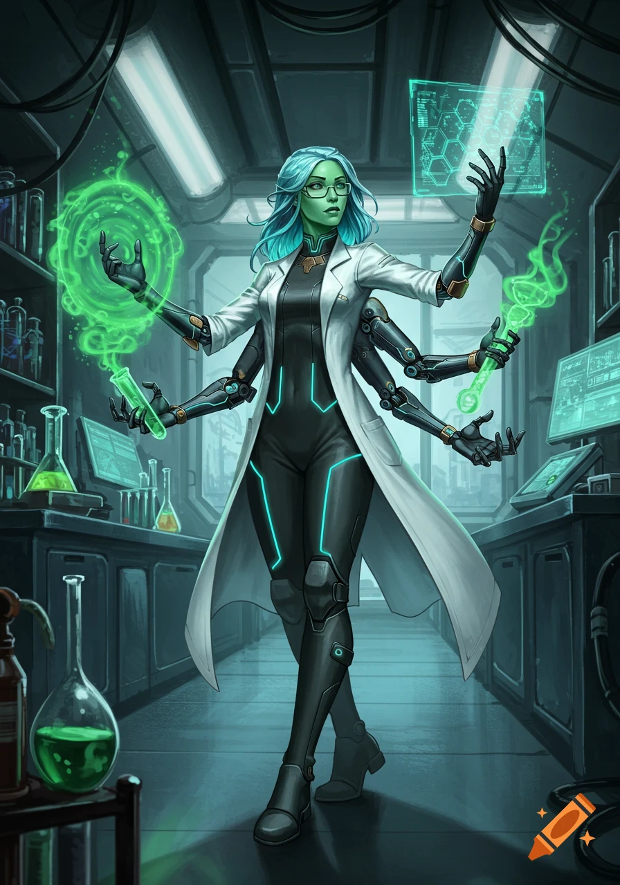 A four-armed female geneticist with pale green skin and blue hair in a futuristic lab, manipulating glowing green energy and holograms. Cinematic style.