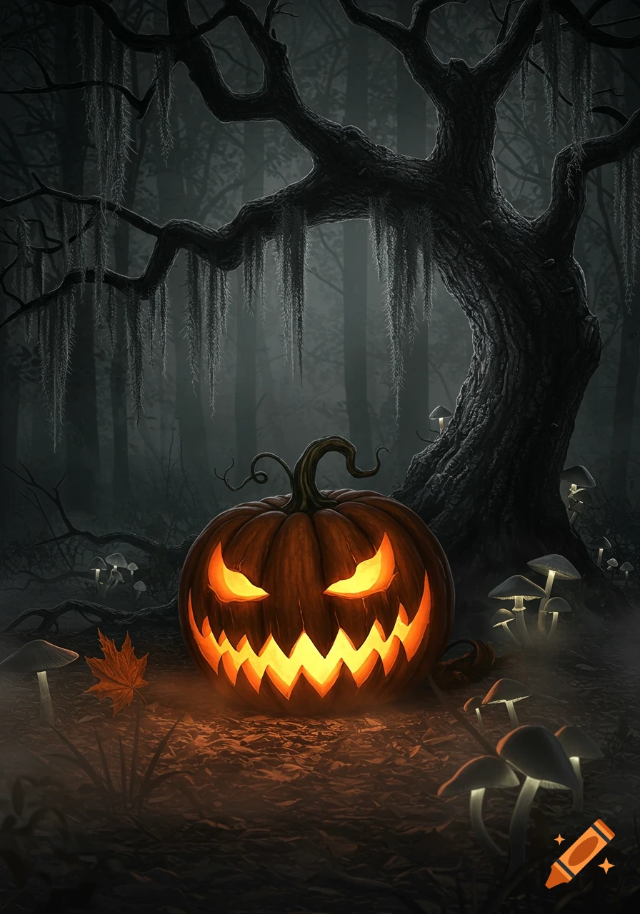 A glowing, scary jack-o'-lantern sits on the forest floor surrounded by mushrooms and a large, dark, moss-covered tree in a spooky, foggy setting.